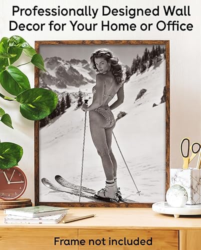 Miniatura 9 de Warning Curves Ahead - Póster retro de esquí de 11 x 14 pulgadas sin marco, póster de esquí vintage en blanco y negro, modelo de esquí de mujer en