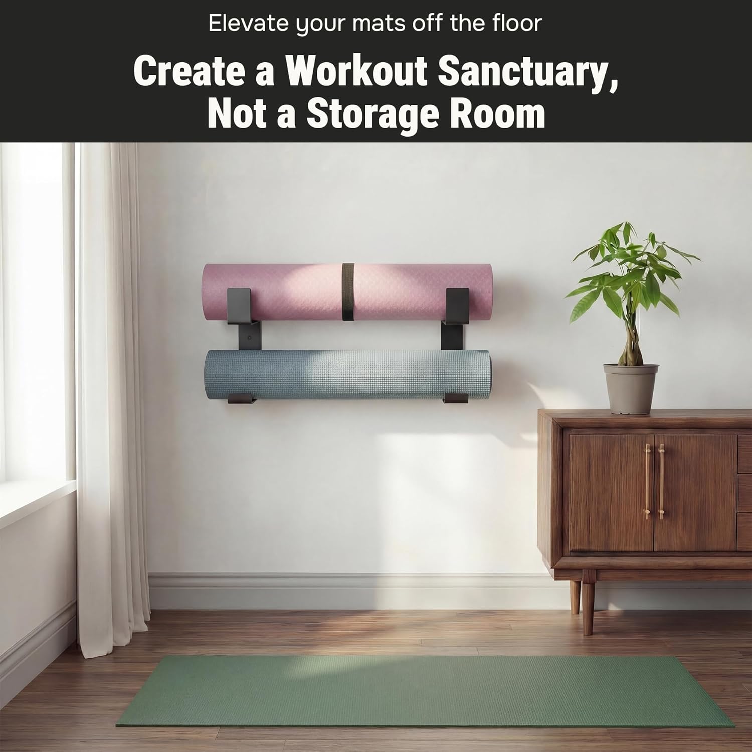 Yoga Mat Holder with Protective Padding Wall Mount Steel Storage Rack, 2 Tier Adjustable Width Hanger for up to 4 Foam Rollers, Easy Installation