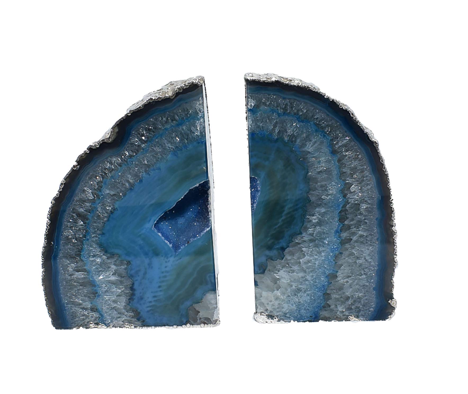 Nature's Decorations Agate Geode Bookends Silver Electroplated Small Bookends for Shelves, Non-Skid Bookend, Book Stopper for Books/Movies/Cds/Video Games, Book Shelf Holder Home Decorative (Blue)
