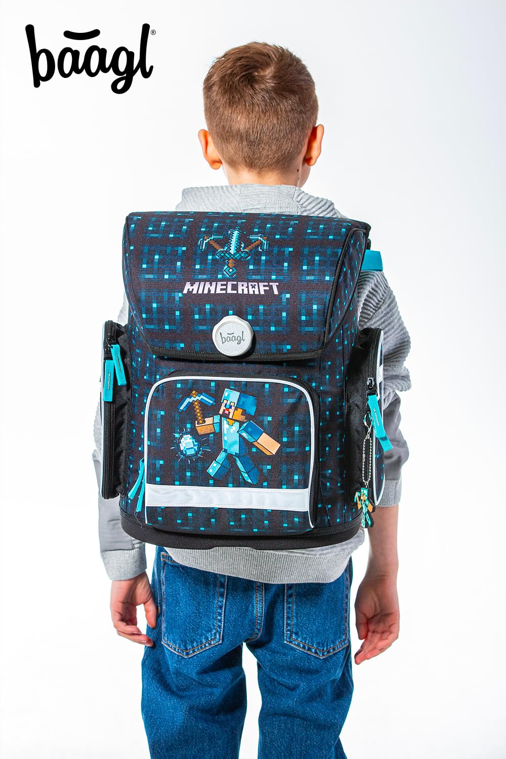 Baagl Schulranzen Jungen Mädchen für 1. Klasse, Ergo Schultasche Grundschule, Leichter Kinder Ranzen Tornister Schulrucksack mit Brustgurt (Minecraft Blue Axe)
