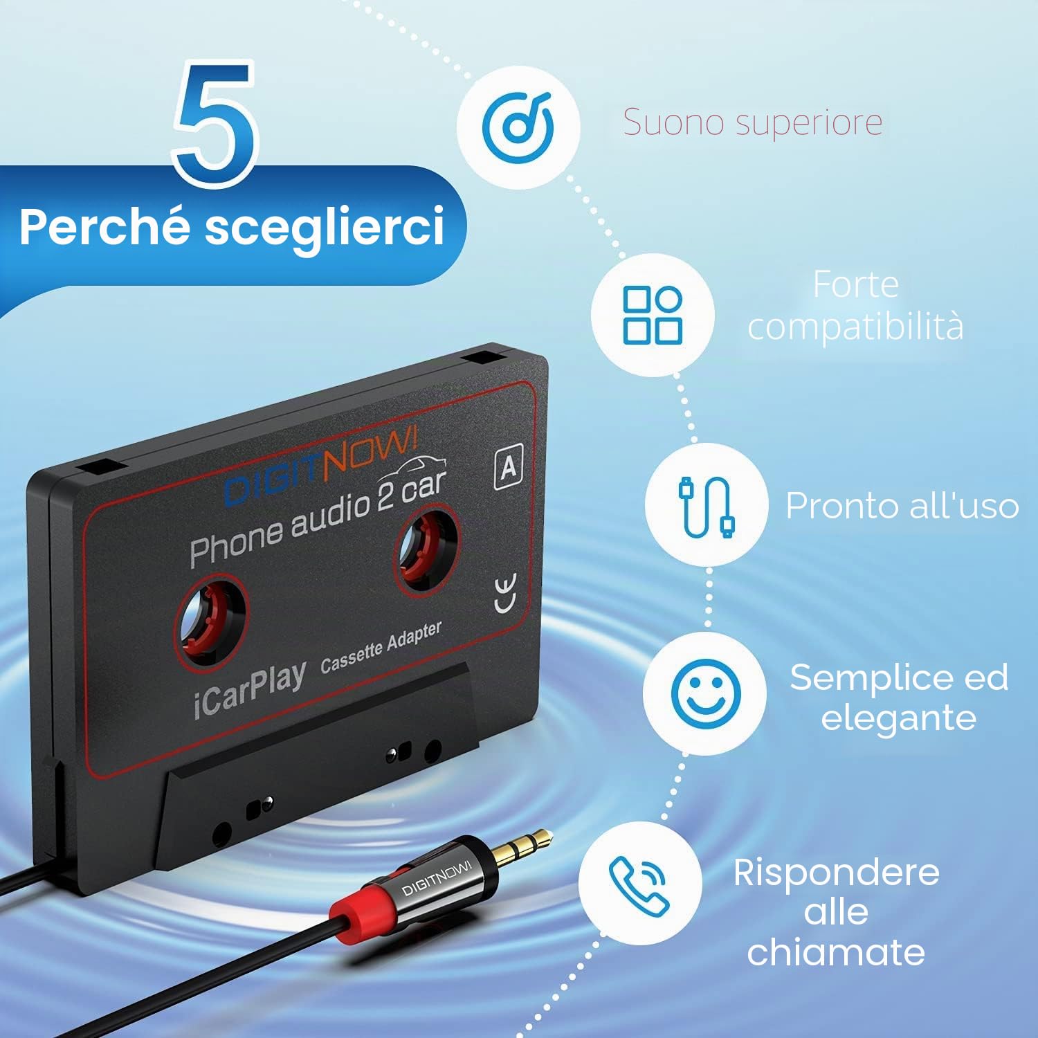 Digitnow auto cassetta adattatore audio tape, ascolta il tuo iPod o altri dispositivi audio tramite il lettore cassette da auto, jack da 3.5 mm.