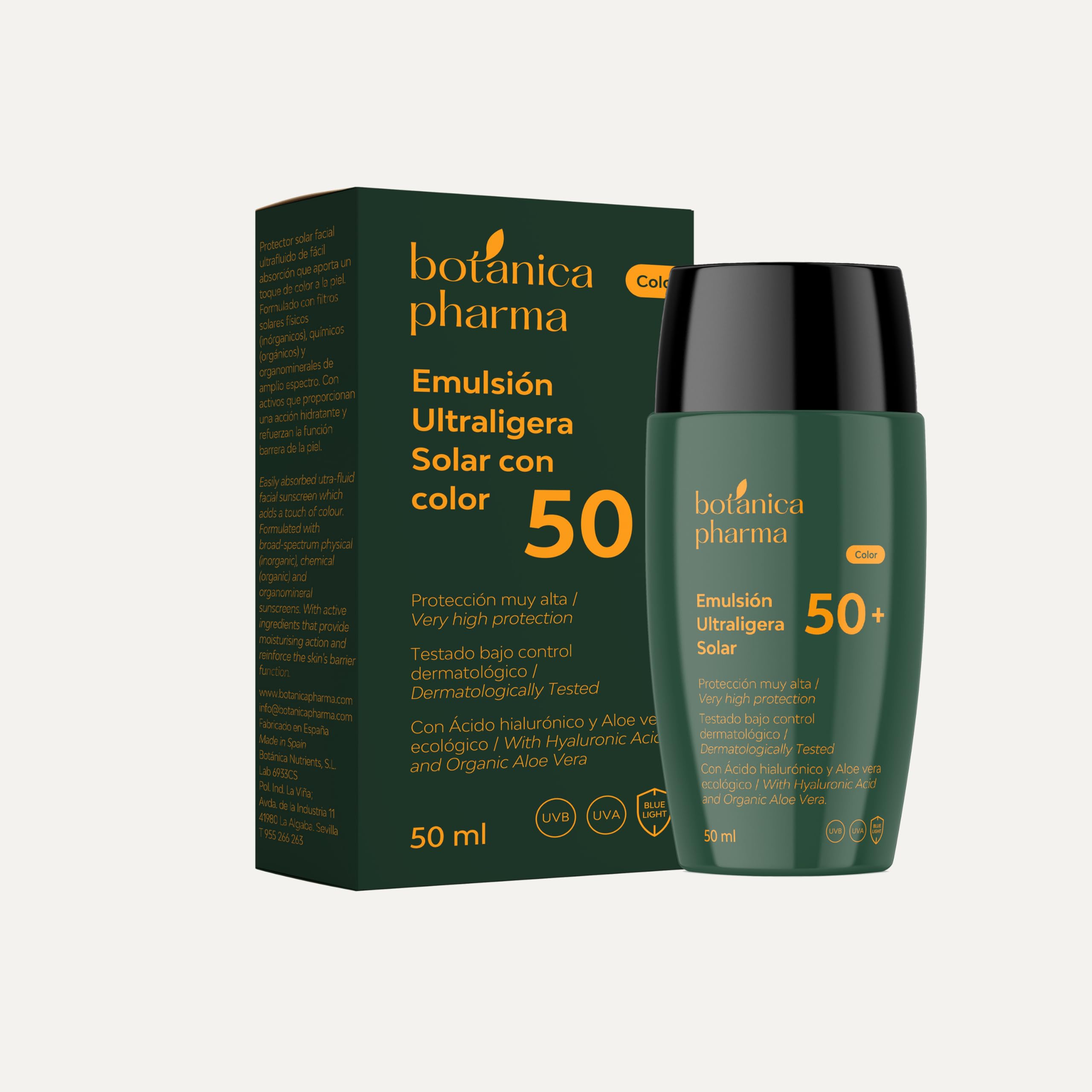 Botanicapharma Emulsión Ultraligera Solar con Color | SPF50+ | 50 ml | Acción hidratante y refuerzo de la función barrera de la piel |Textura ultraligera