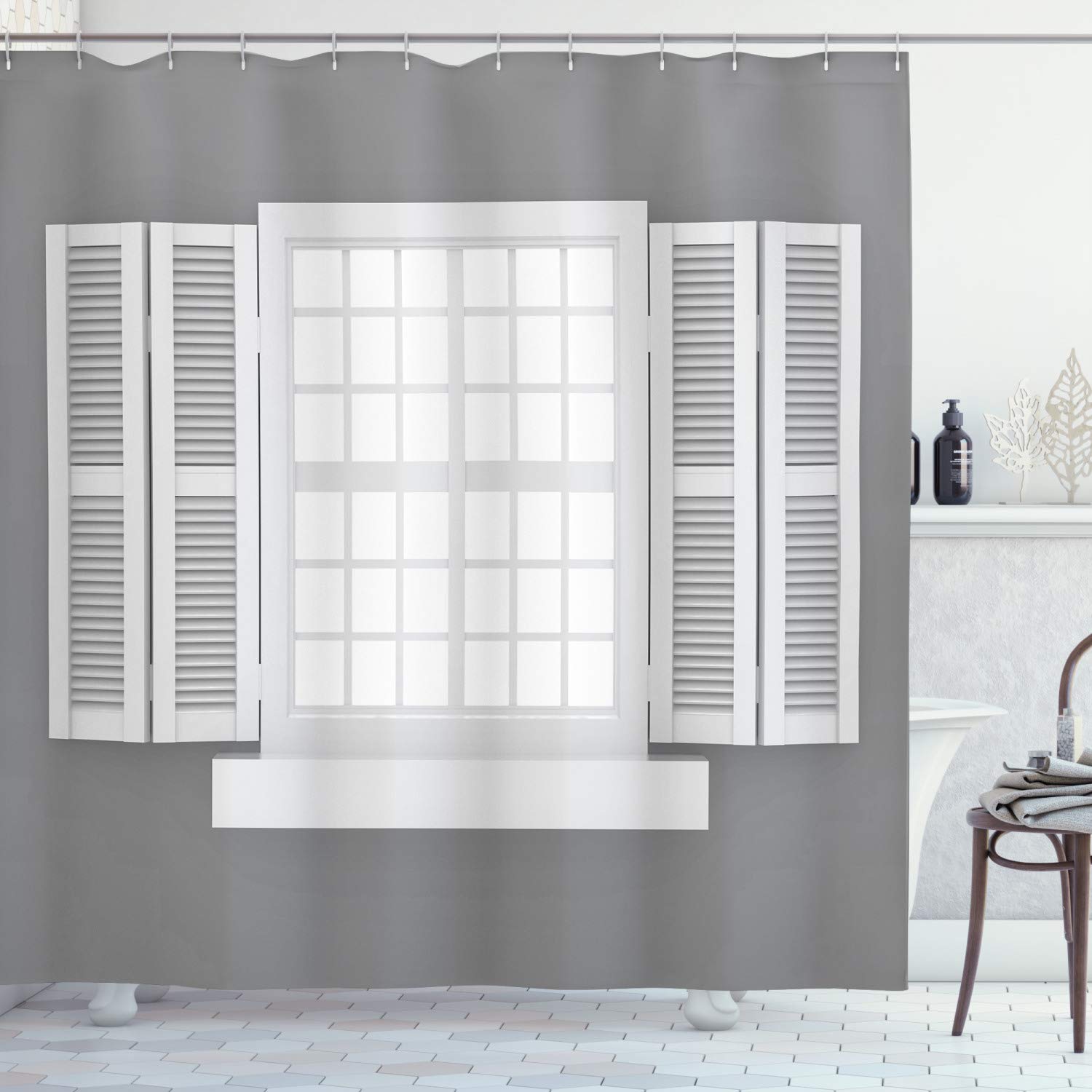 ABAKUHAUS Country Shower Curtain, Graphic Illustration of Wooden Window Shutters Traditional Style Antique Bohemian, Cloth Fabric Bathroom Decor Set with Hooks, 70 Inches, Grey White โ image 1