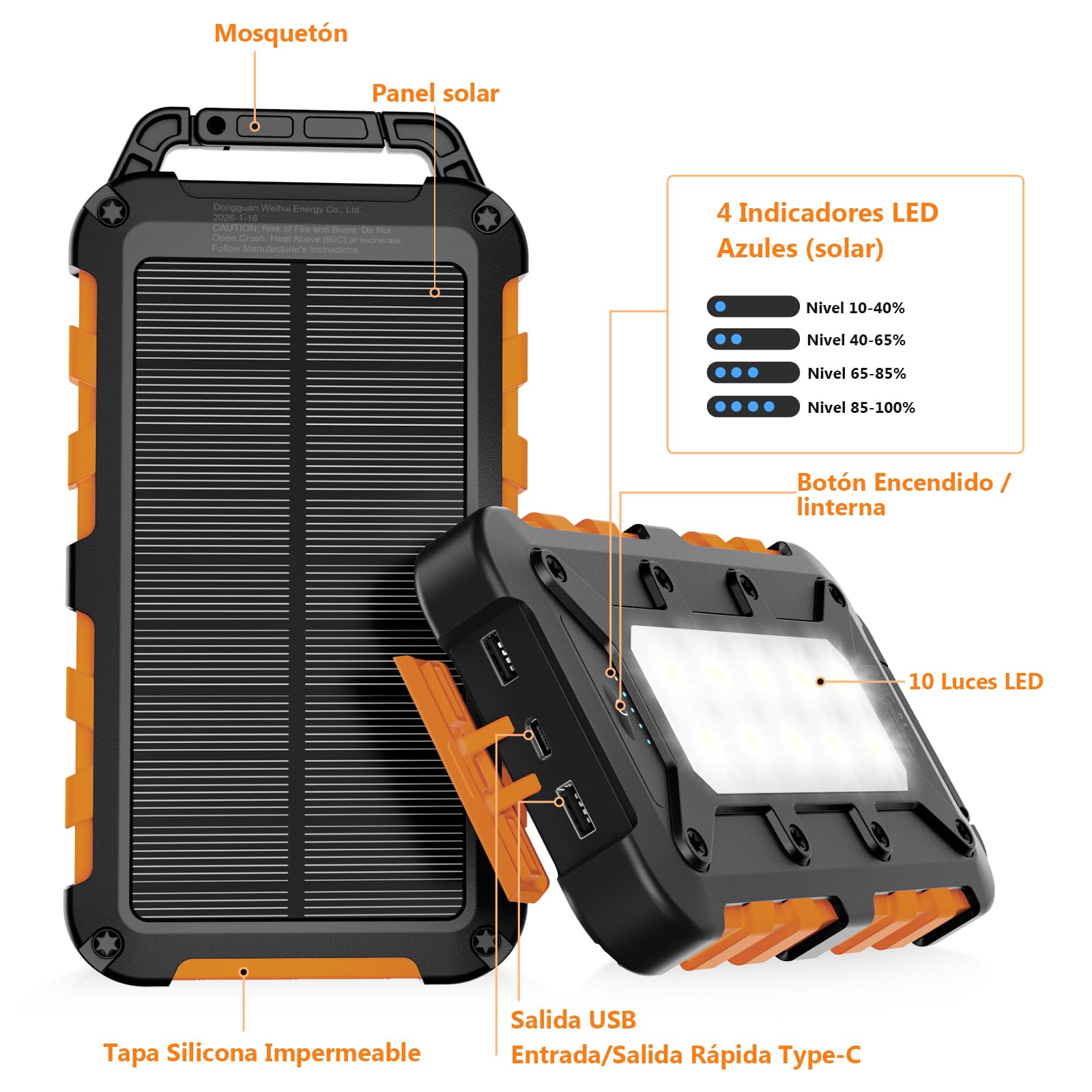 Cargador Solar 10000mAh, Power Bank Solar Batería Externa Portátil PD22.5W USB C Carga Rápida Impermeable 3 Salidas y 2 Entradas con Linterna LED para Moviles Tabletas Etc.
