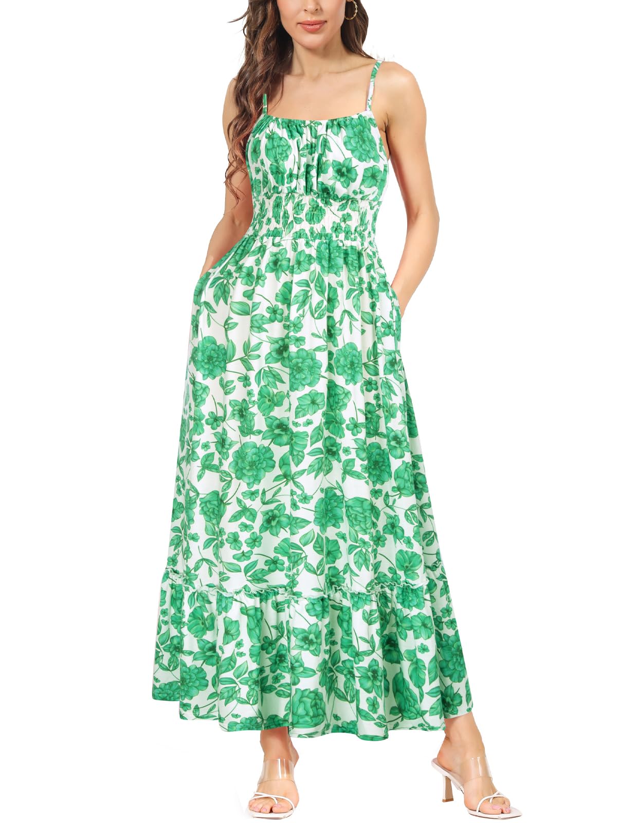 GRACE KARINWomens 2025 Summer Maxi Dress Sleeveless Floral Spaghetti Strap Smocked Boho Beach Long Dress with Pockets