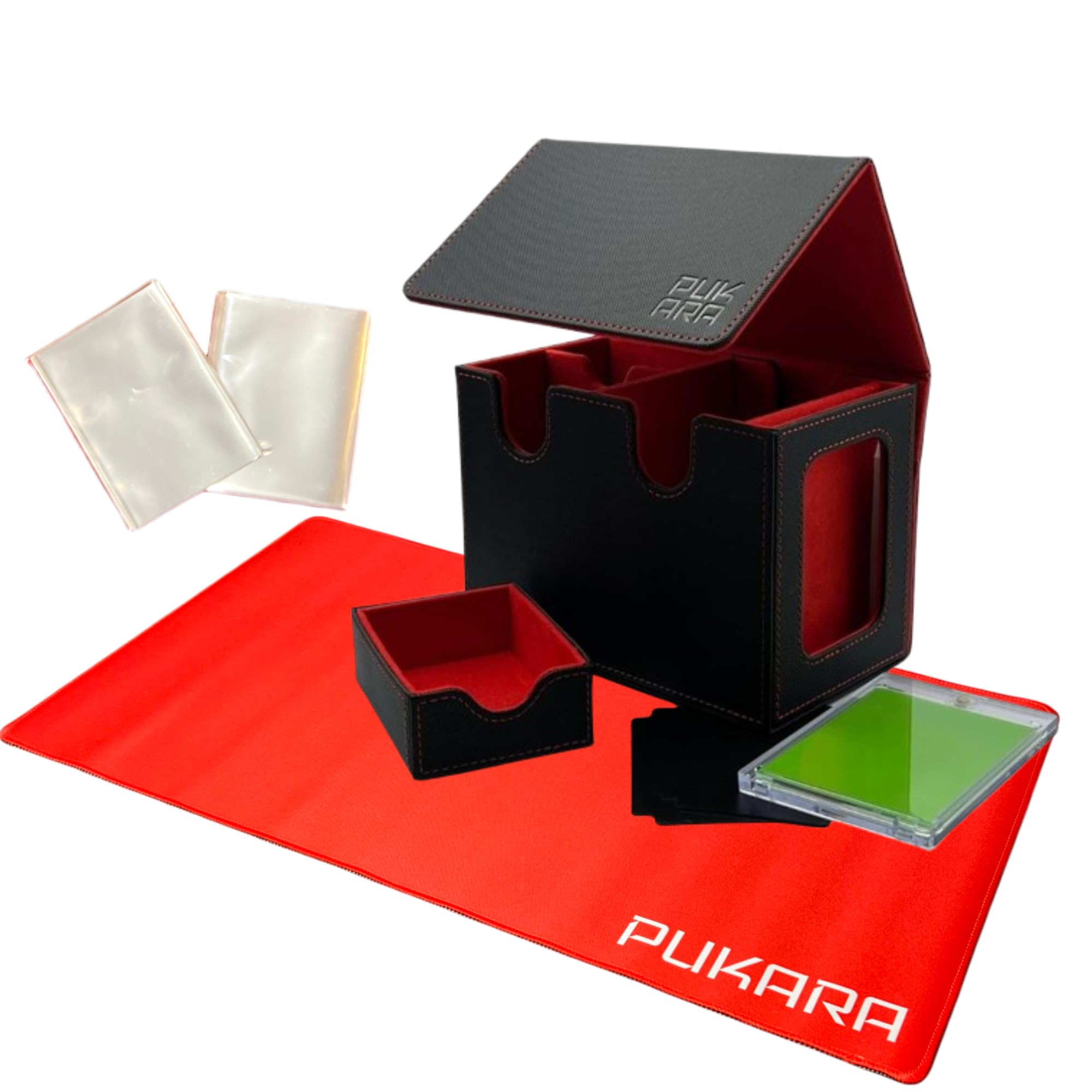 PUKARA Trading Card Game Starter Kit - Deck Box, 2 Dividers & Playmat, Black and Red + Red Playmat, Commander Deck Box