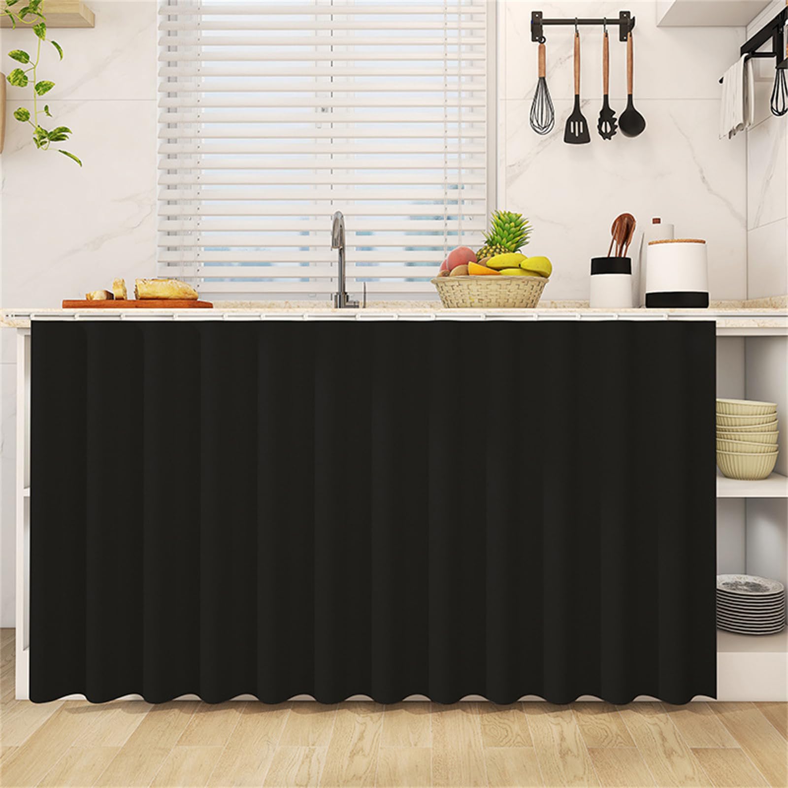 Highdi Cupboard Short Curtain Kitchen, Hide Away Small Curtains for Kitchen Cupboard Door - No Drilling Is Required with Hook and Loop for Under Sink-Solid Colour (Black,70 * 100cm)