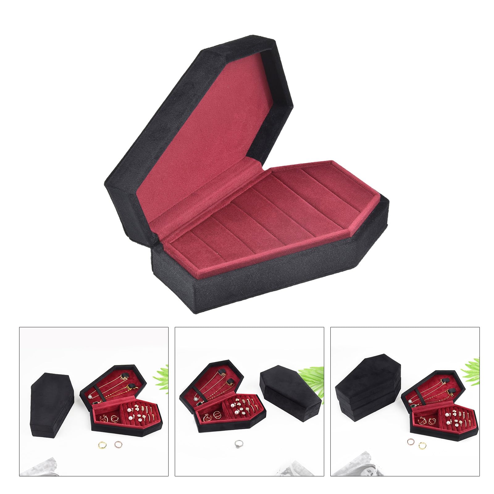 Joyero gótico con forma de ataúd, elegante, terciopelo, anillos, gargantilla, caja para decoración de joyas de Halloween