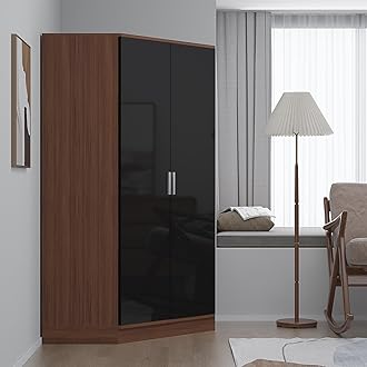 Reflect 2 Door Corner Wardrobe | Black Gloss & Walnut | Bedroom Storage with 2 Hanging Rails & 8 Shelves | H: 180cm x W: 103cm x D: 103cm | Modern Space Saving Design