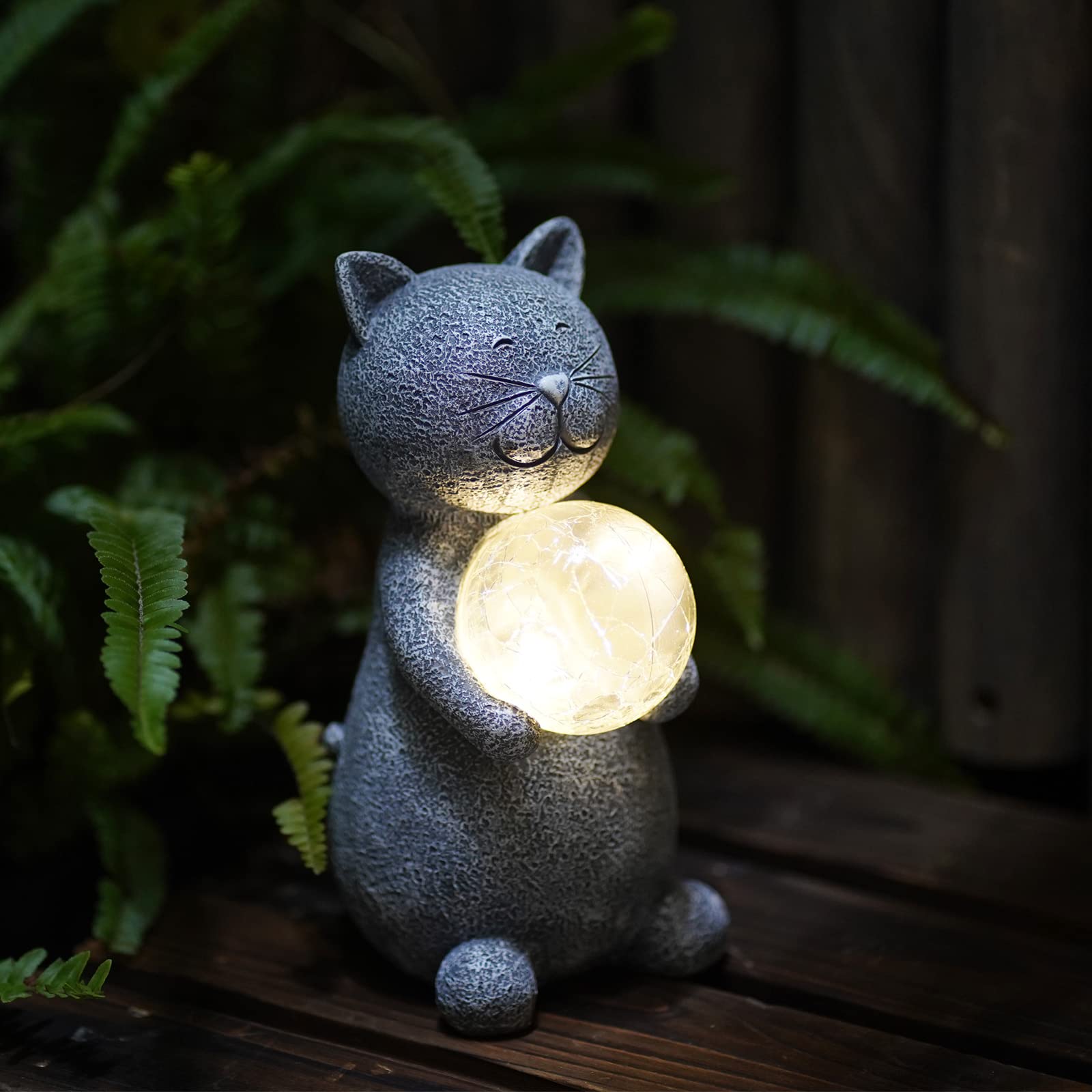 Goodeco Solar Powered LED Cat Statue Garden Ornaments, Outdoor Cats Figurine With Solar Ball Decoration For Patio Lawn Yard Decor Gifts - Grey, 19.2cm