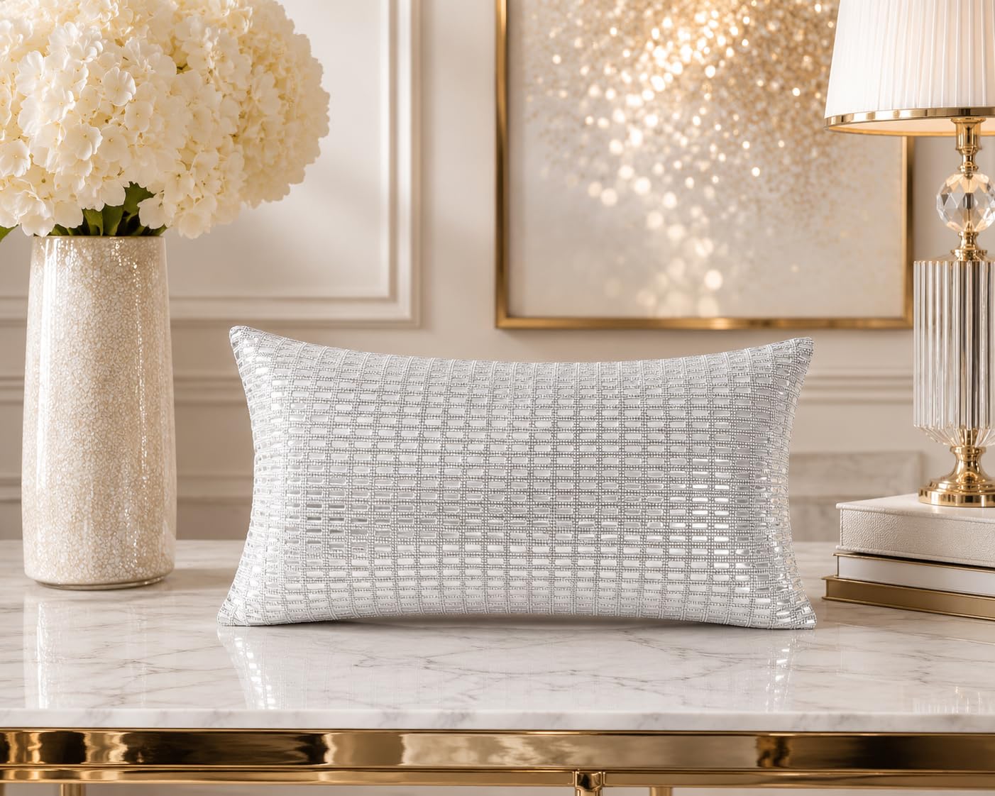 Funda de cojín rectangular de cristal de diamantes de imitación con terciopelo gris suave, para decoración del hogar, sofá, dormitorio, sala de estar y oficina (plata y gris, 30 x 50 cm)