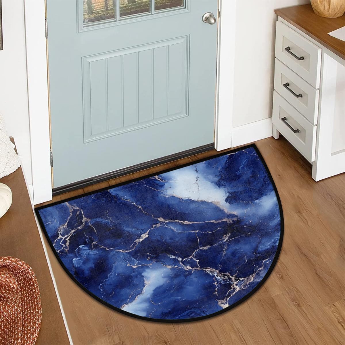 Half Round Door Mat Blue Marble Semi Circle Area Rug Washable Half Moon Bathroom Rugs Entryway Rug for Indoor Outdoor Kitchen Hearth Fireplace Floor Welcome Carpet Low Profile