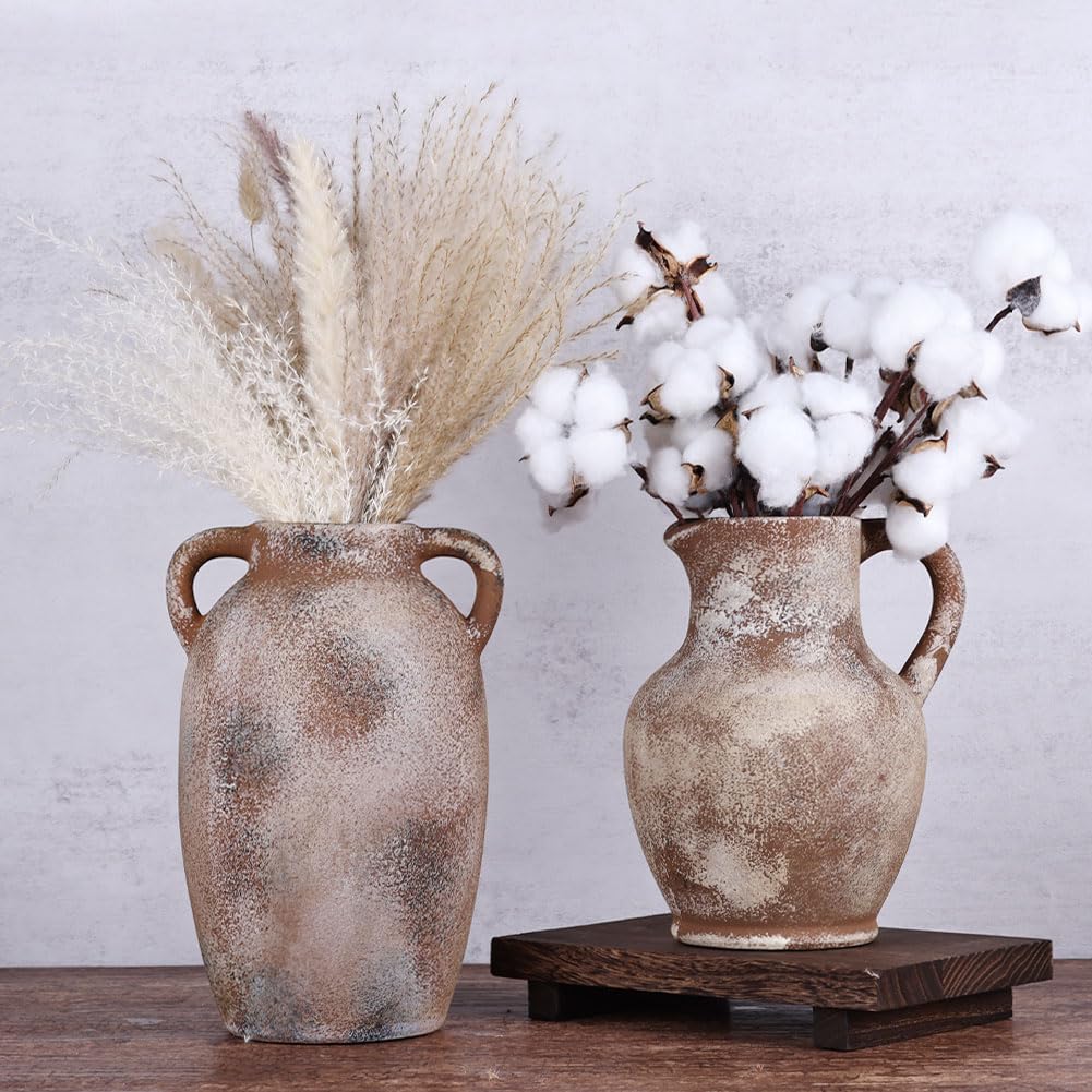 Jarrón Rústico de Cerámica con 2 Asas, Florero Marrón de Terracota, Jarrón Decorativo de Barro para Decoración del Hogar, Mesa, Boda, Sala de Estar y Estantería