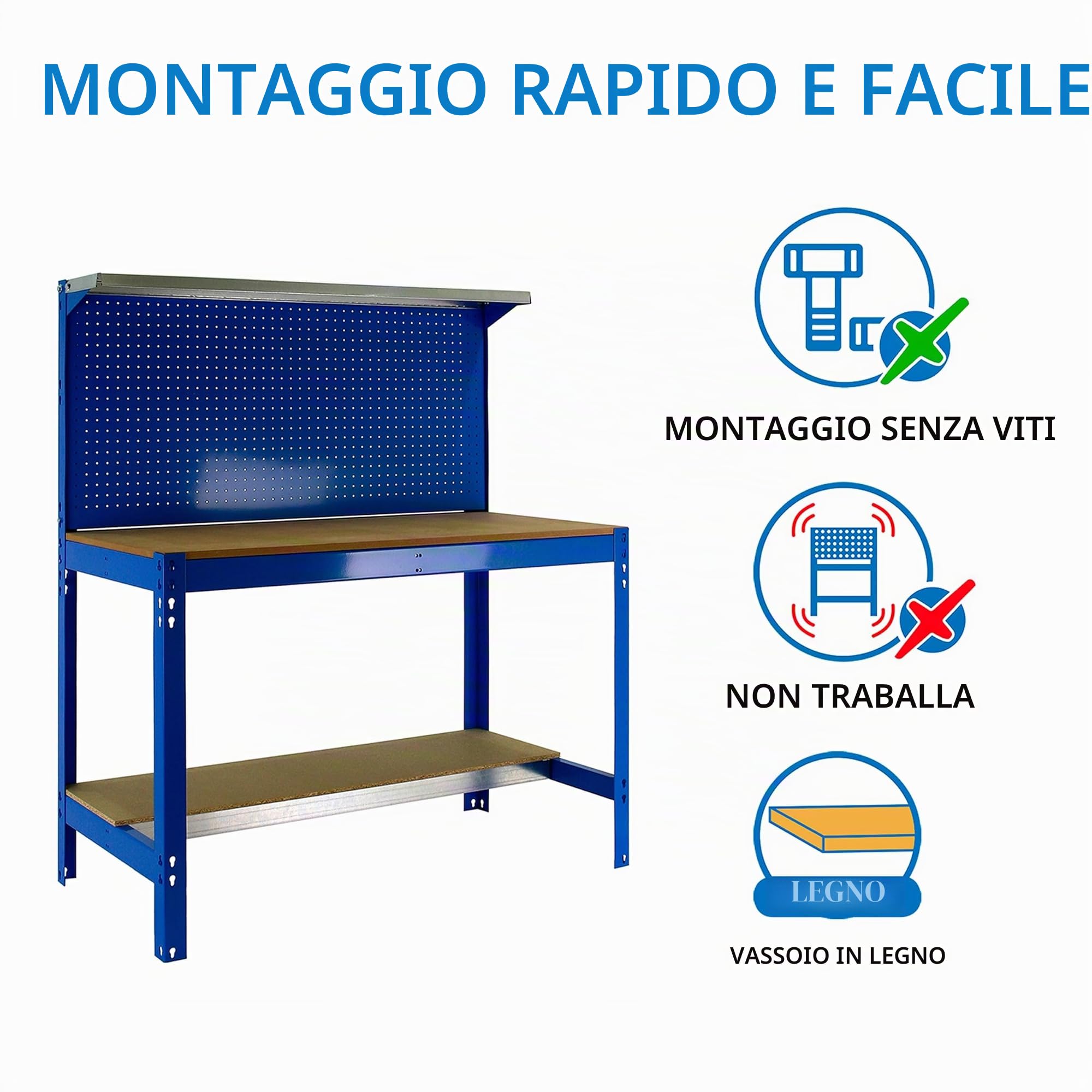 Simon Rack Banco da lavoro per officina, capacità di carico 600 kg, 1445x1210x610 mm, Pannello Forato, Ripiano per cassetti, Tavolo da lavoro fai da te, Blu/Legno - BT3