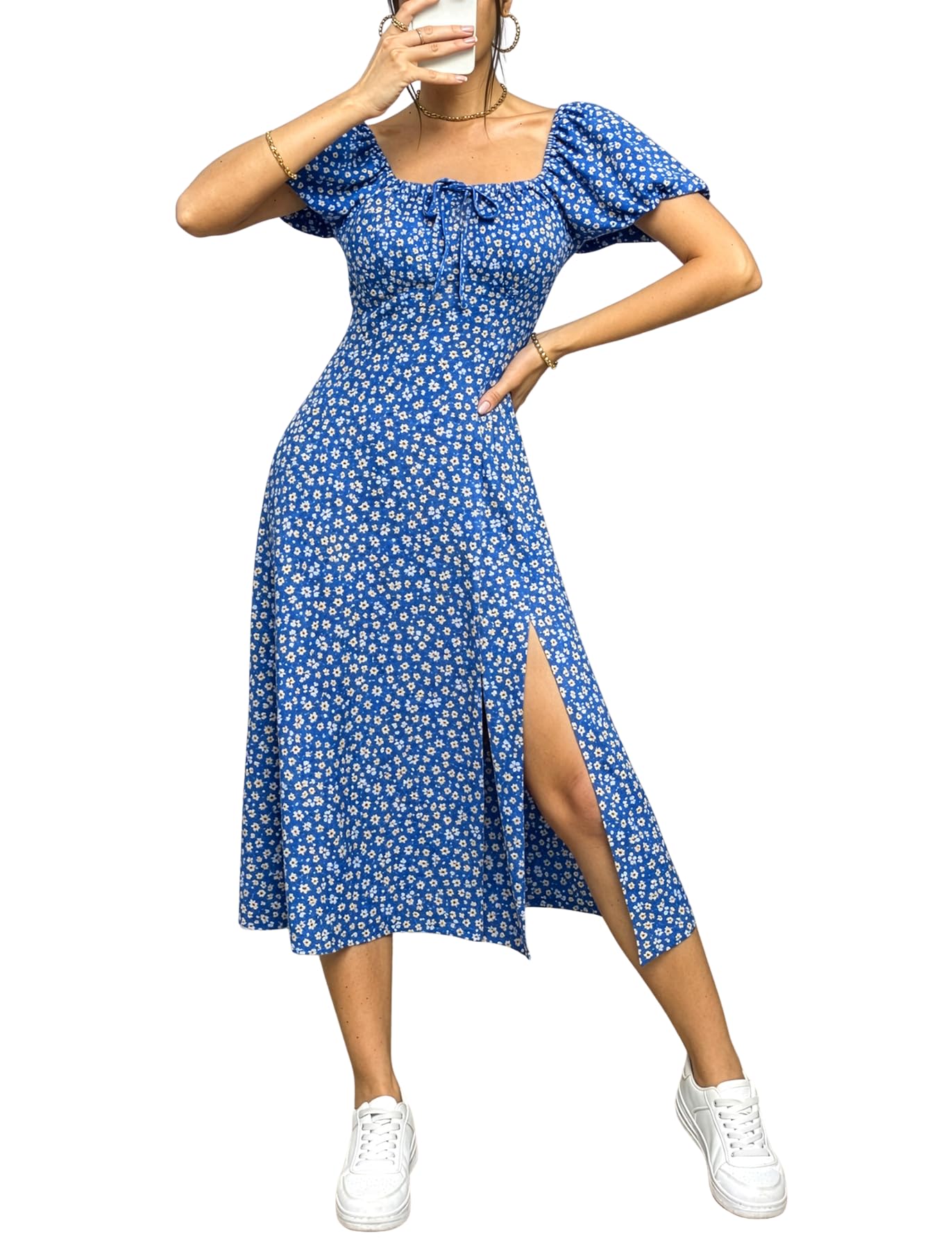 aahwan Floral Printed Puff Sleeve High Slit Maxi Outfit Dress for Women's & Girl's-picture-10