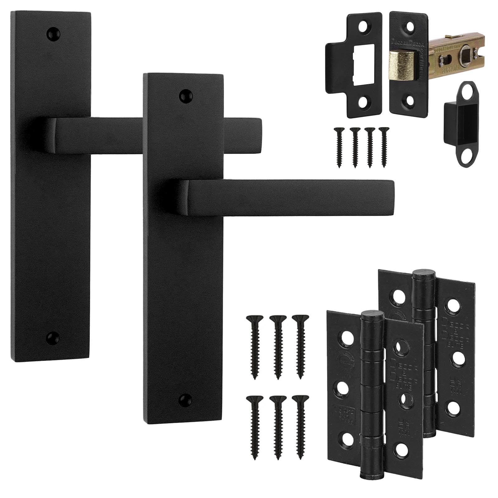 Decoranddecor Lumina Backplate Door Handles Set – Matt Black Lever Handles with 2.5in Tubular Latch & 3in Fire-Rated Hinges for Internal Doors in Contemporary & Art Deco Styled Homes