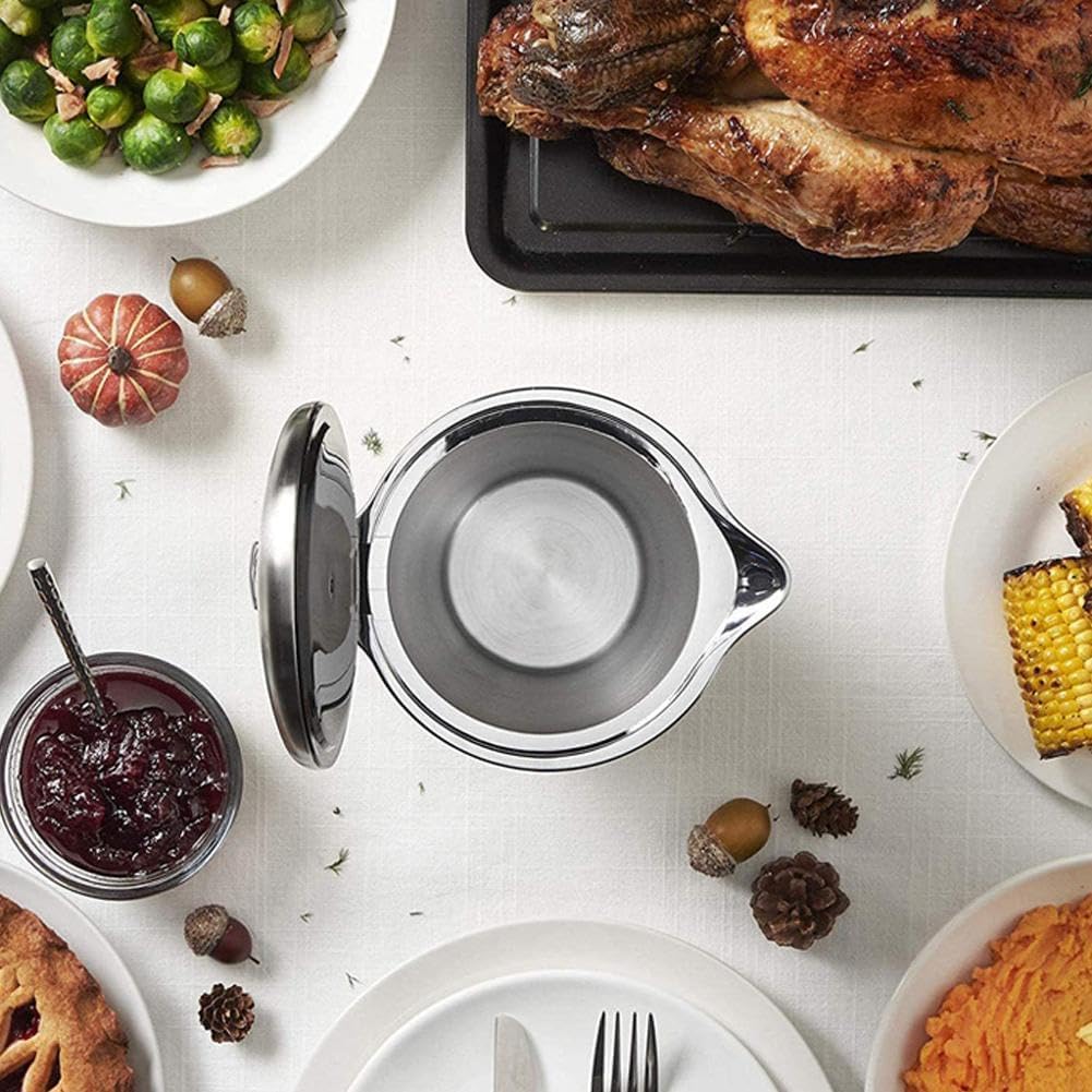 Isolierte Sauciere aus Edelstahl, doppelwandiges Design mit tropffreiem Deckel, 500 ml, ergonomischer Griff zum Servieren von heißen oder kalten Saucen, Milch, Vanillepudding und Sahne