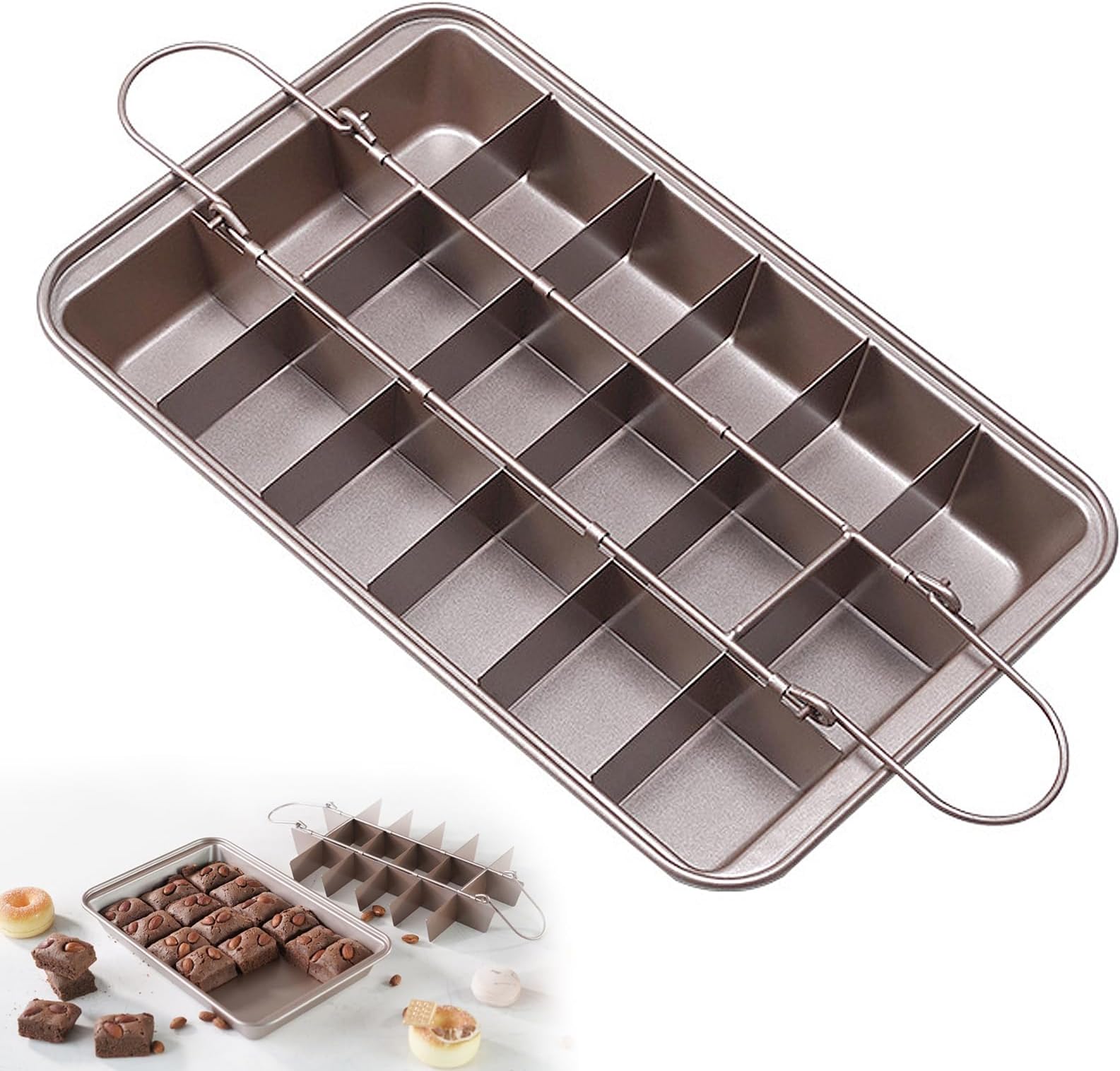 Kundalini Brownie Pan with Dividers Non-stick Rectangular Baking Pan with Built-in Slicer,it Can Make Brownie Bite,Cake,Fudges and Chocolate 12.4"x8"x2"(Champagne Gold)