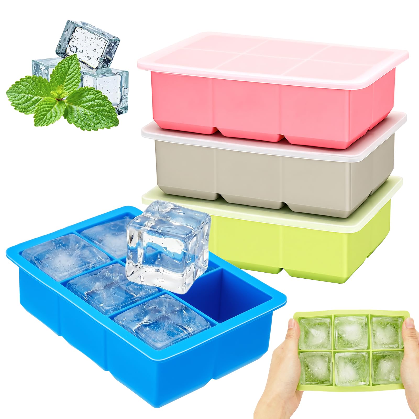 4 Pack Large Silicone Ice Cube Trays for Whiskey, Easy Release 2 inch Cube Ice Trays for Cocktail Whisky, Stackable Ice Cube Trays for Freezer with Leak Proof Removable Lid （4 Color） — image 1