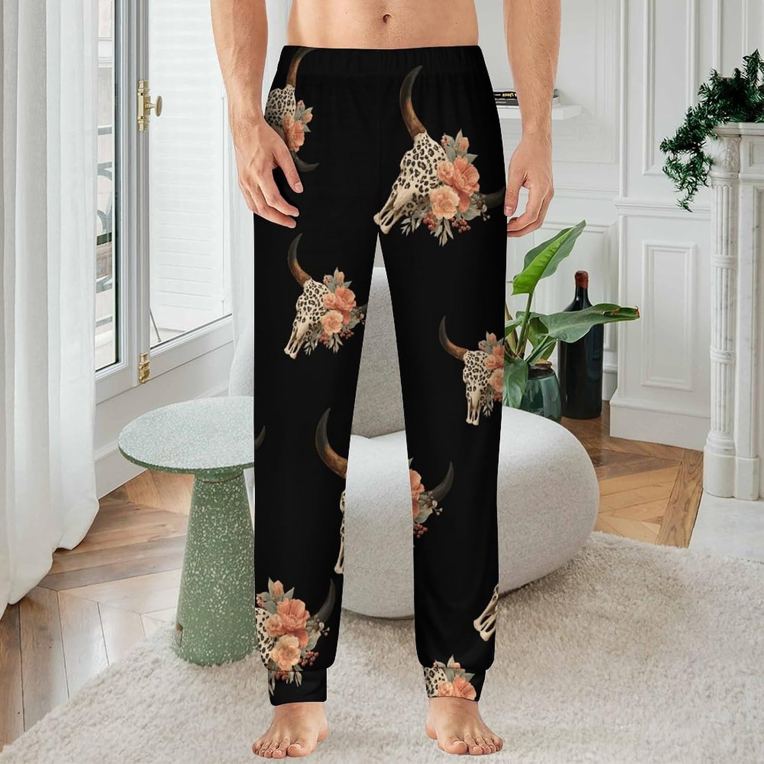 Leopard Print Bull Skull with Flowers Mens Pajama Pants Soft Sleep Lounge Pants Pj Bottoms