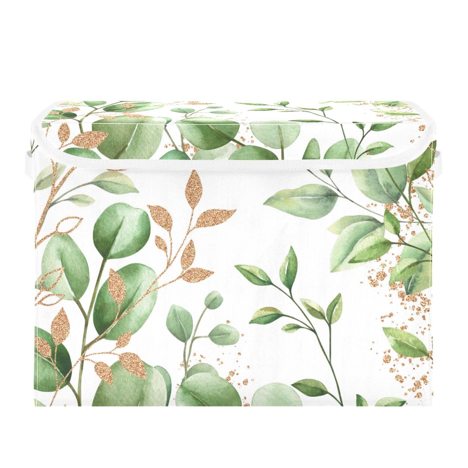 Mnsruu Green Eucalyptus Leaves Tropical Plant Foldable Storage Boxes with Lid Collapsible Storage Bins Large Clothing Storage Organiser Basket for Toy