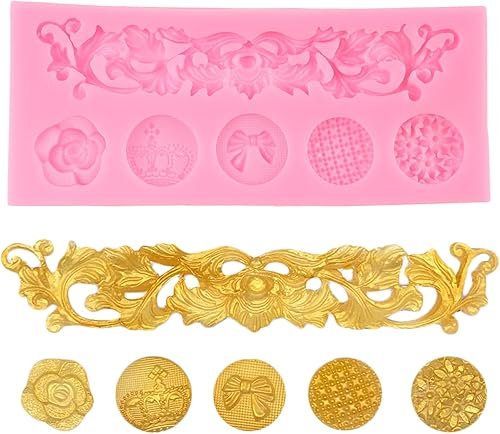 Miniatura 8 de QDMOLDS Moldes de silicona para tartas de alivio barroco, estilo barroco, curlicues, molde de fondant de encaje, moldes de botón vintage para