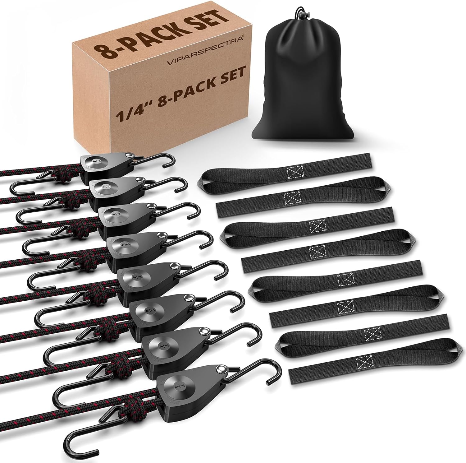 VIPARSPECTRA Ratchet Tie Down Straps, 1/4" Adjustable Rope Hangers [8 Pack, 12FT, 150 lbs/Pack], Heavy Duty Kayak Pulley System with Hooks for Garage Cargo Trucks Tents Grow Lights Various Lashing