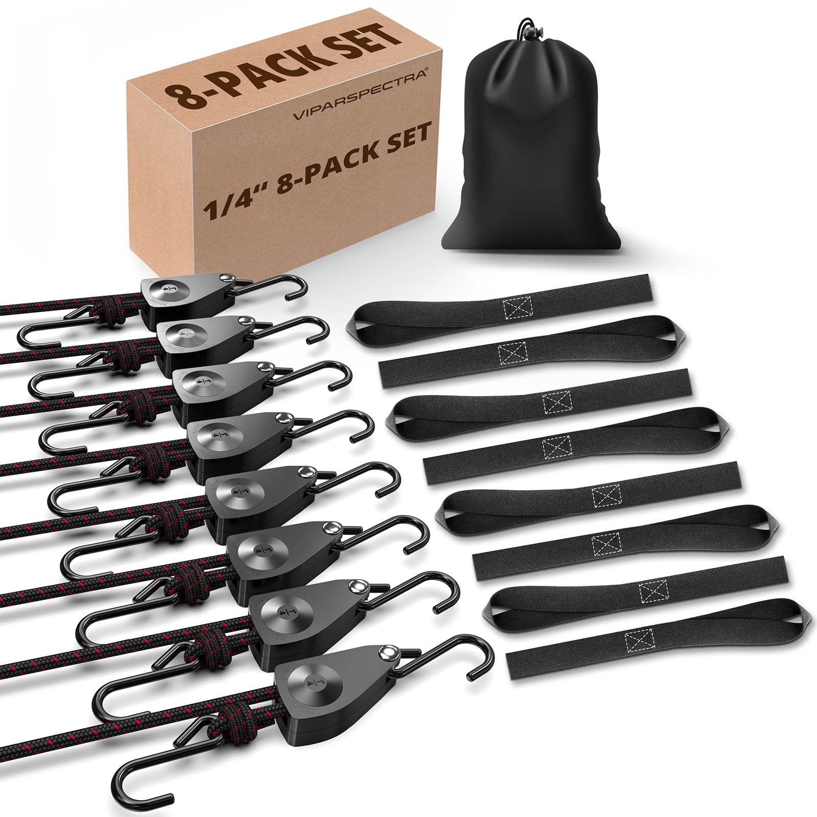 VIPARSPECTRA Ratchet Tie Down Straps, 1/4" Adjustable Rope Hangers [8 Pack, 12FT, 150 lbs/Pack], Heavy Duty Rope Pulley System with Hooks for Garage Cargo Trucks Tents Grow Lights Various Lashing