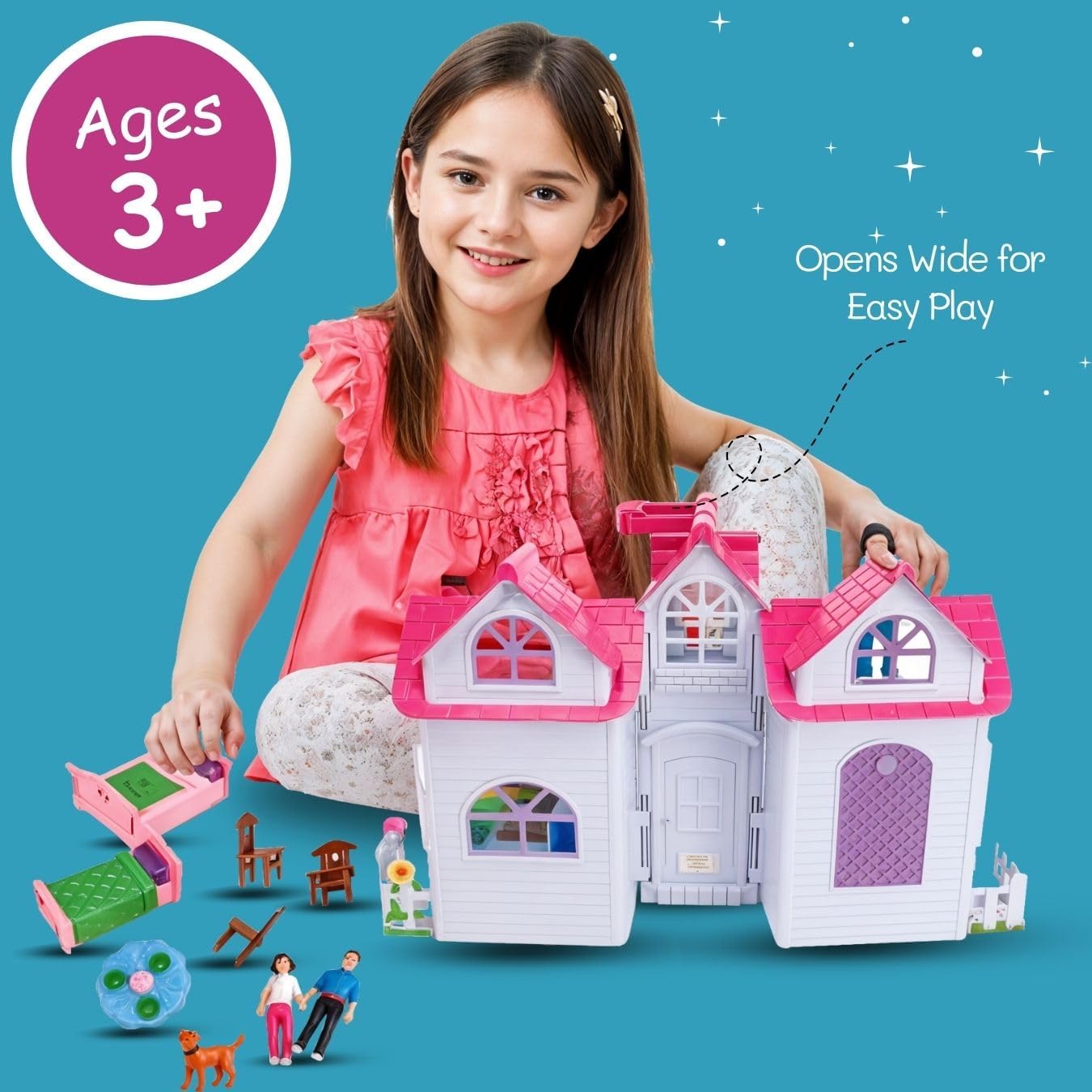 Liberty Imports My Pretty Dollhouse Fold and Go Pretend Play Mini Folding Doll House Playset with Pocket Toy Family Figures, Home Furniture and Accessories