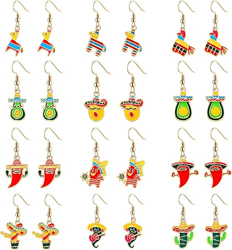 PHALIN 912 pares de aretes de Cinco de Mayo, aretes de fiesta mexicana para mujer, coloridos sombrero, chile, piñata, cactus, accesorios mexicanos,