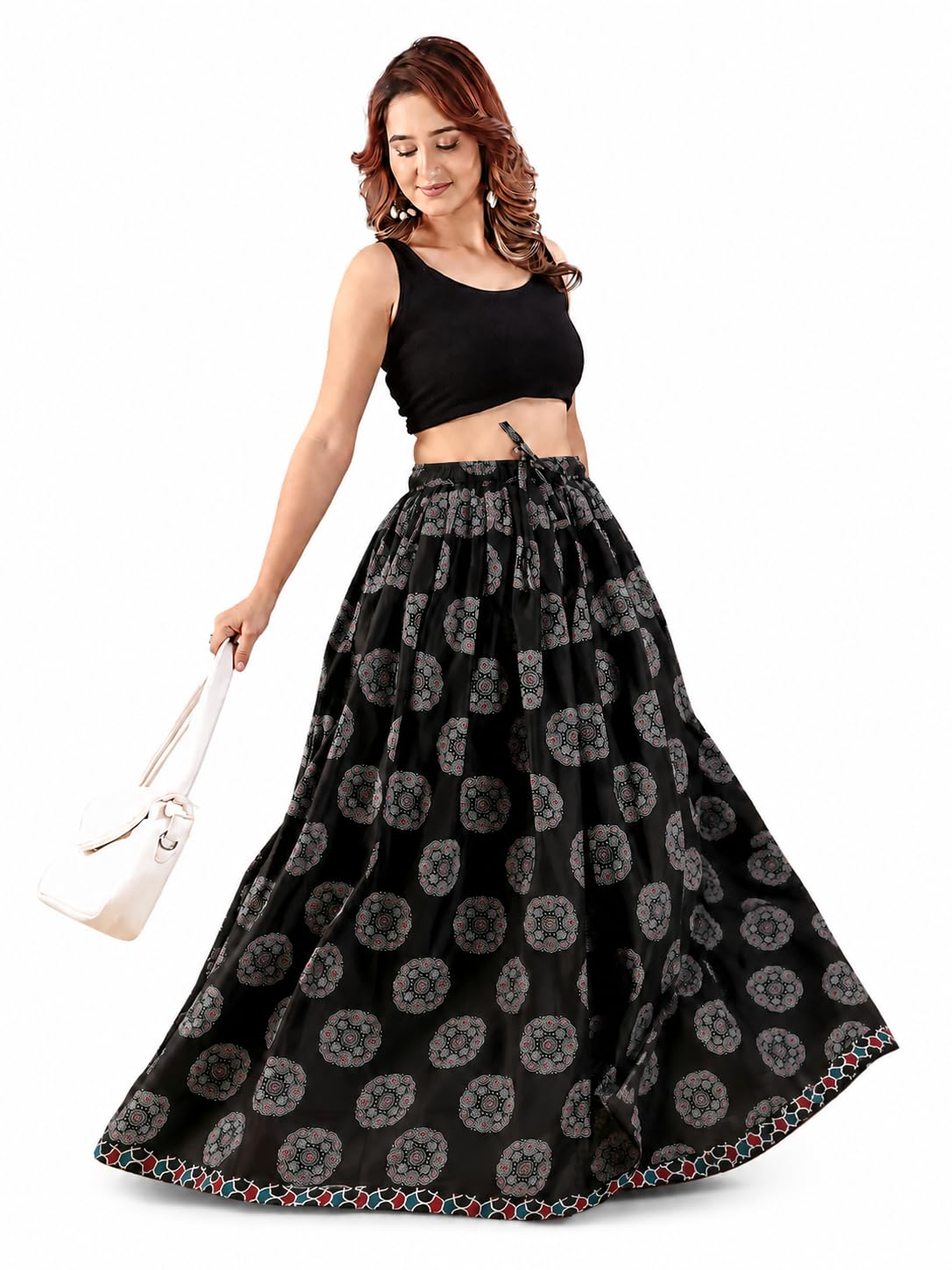 Women's Black Printed Flared Lehenga Skirt with Mandala Print | Free Size-image-44