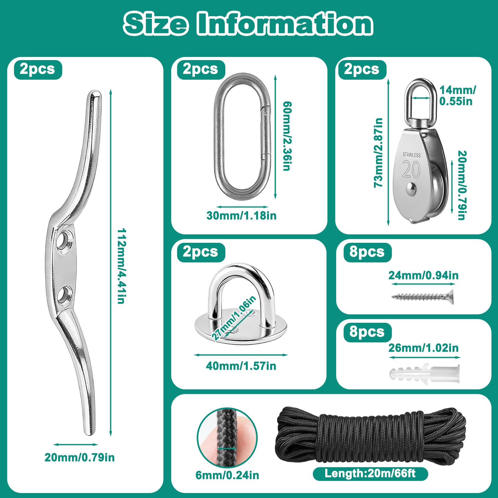 Set di Carrucola per Sollevamento Acciaio Inox M20 con Puleggia a Rotazione 360°, Fune 20 Metri, Gancio e Fissaggi per Barche, Tende Sole, Porte Garage, Stendibiancheria