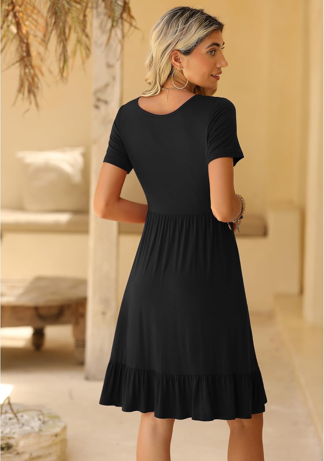 LILBETTER Round Neck Knee Length Dress for Women with Pockets Casual Summer Short Sleeve Pleated Ruffle Hem Short Dress - Image 5