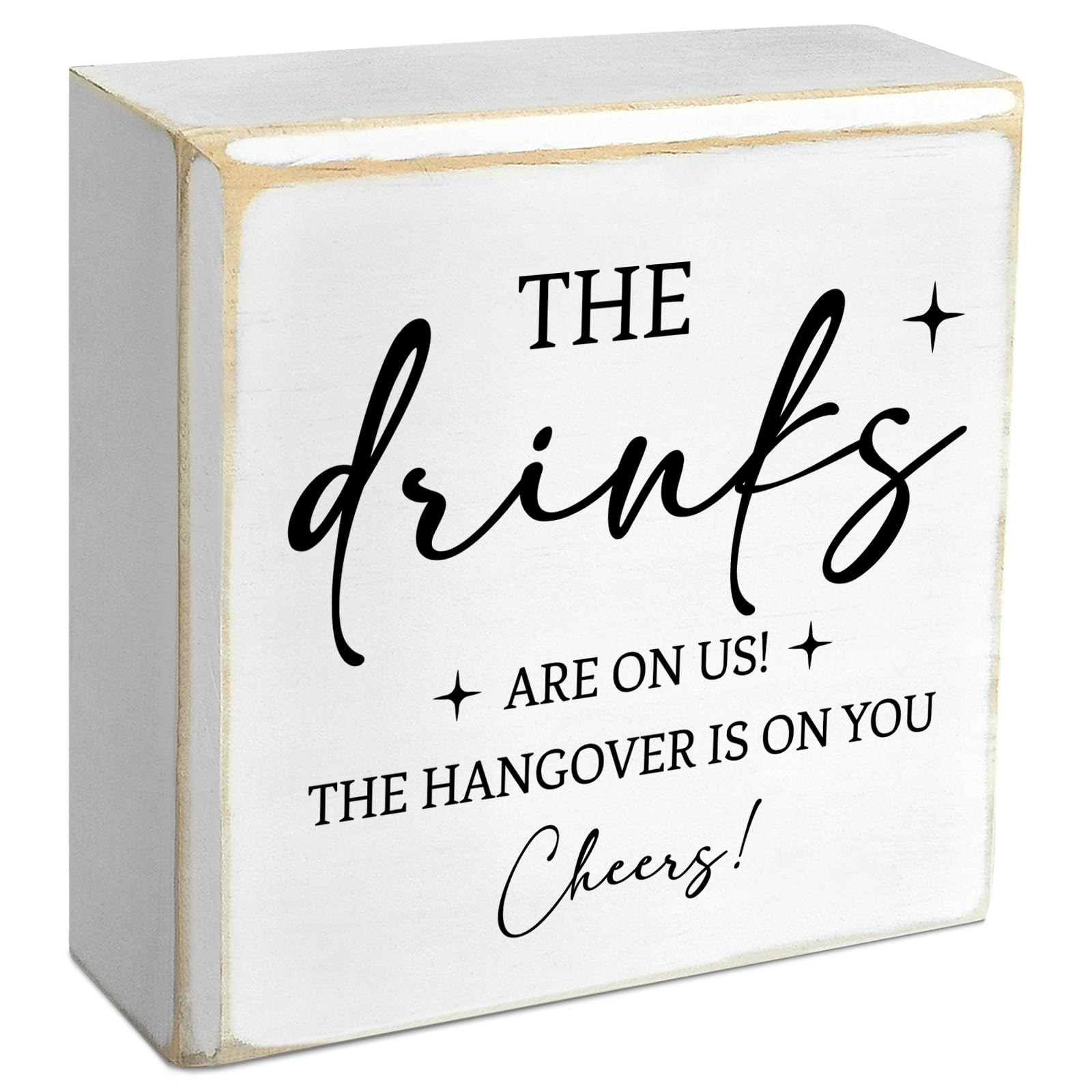 Pigort Bar Sign, The Drinks Are On Us Cheers, 4" x 4" Wooden Tabletop Mount Decorative Sign