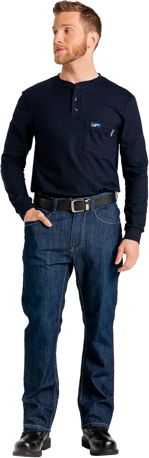 LAPCO FR Men’s Low Rise Flex Jeans Flame Resistant Stretch Fit Work Pants, Medium Wash Denim