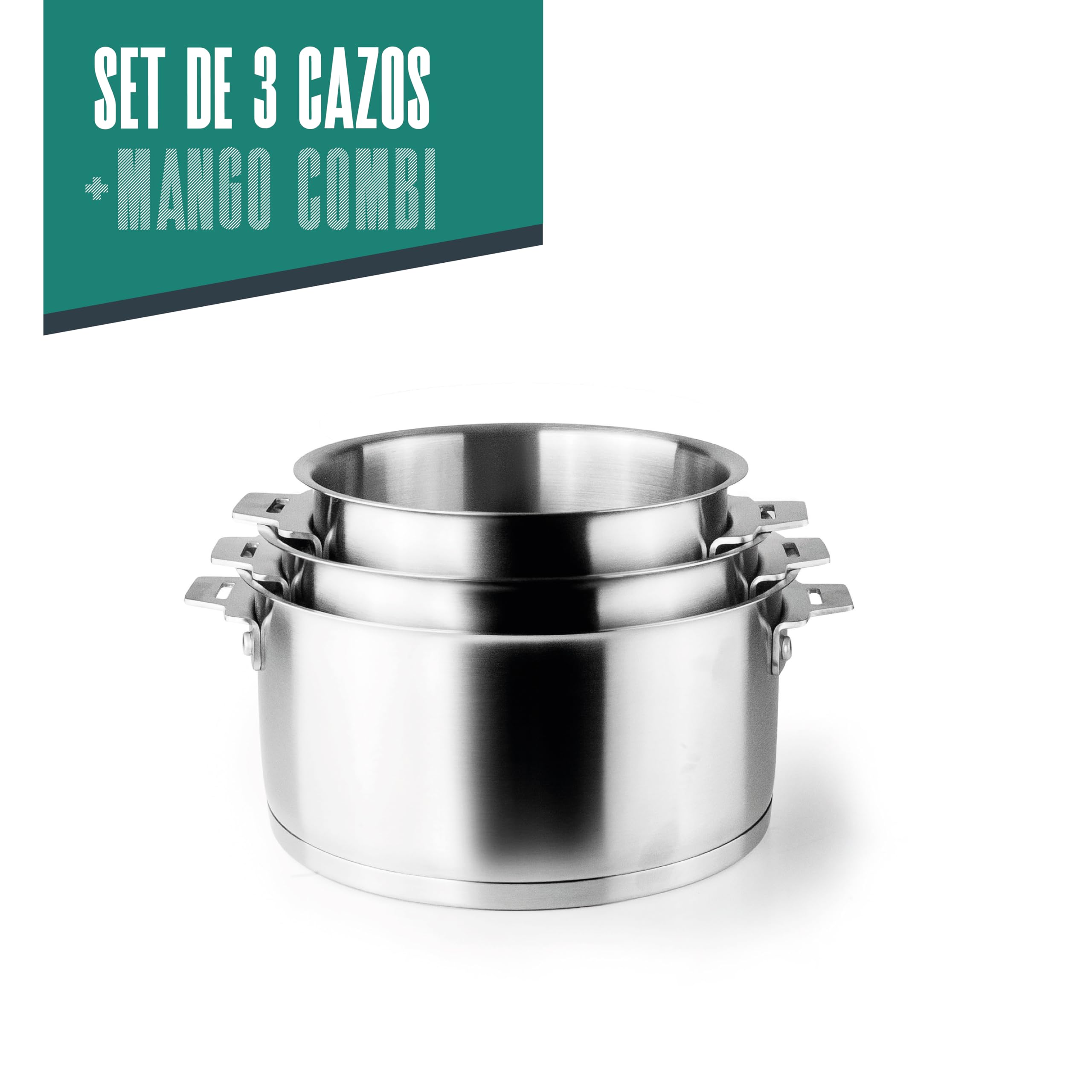 Lacor 56610 - Ensemble de 3 casseroles combinées, + anse, empilables | Ustensile professionnel durable; conçu pour un rendement optimal y nettoyage rapide et facile au lave-vaisselle