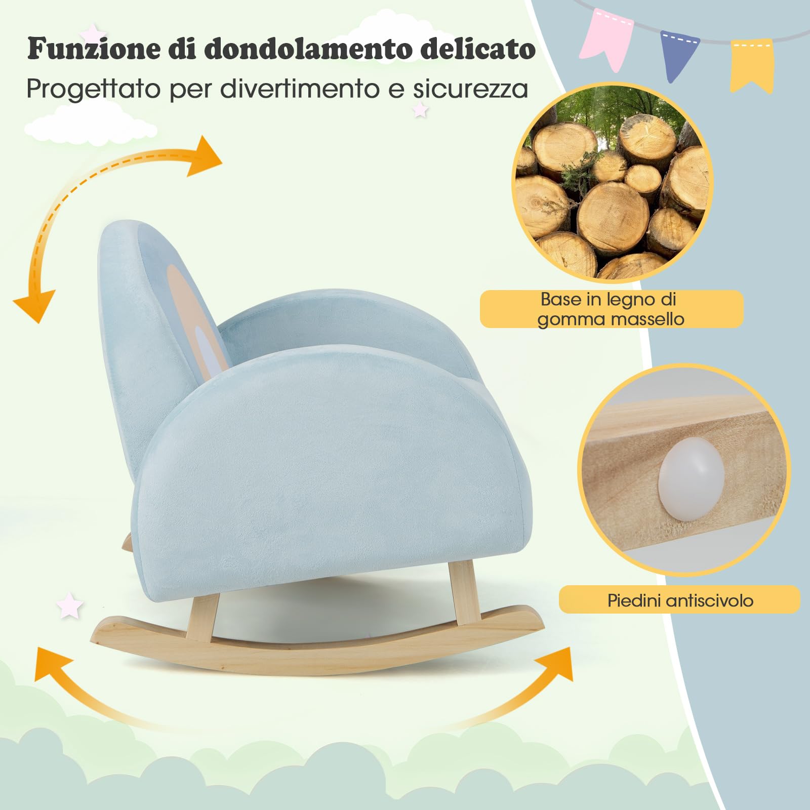 COSTWAY Sedia a Dondolo per Bambini in Legno, Poltrona Imbottita per Bambini con Rivestimento in Velluto Morbido, Design Antiribaltamento, per Camera da Letto, Soggiorno