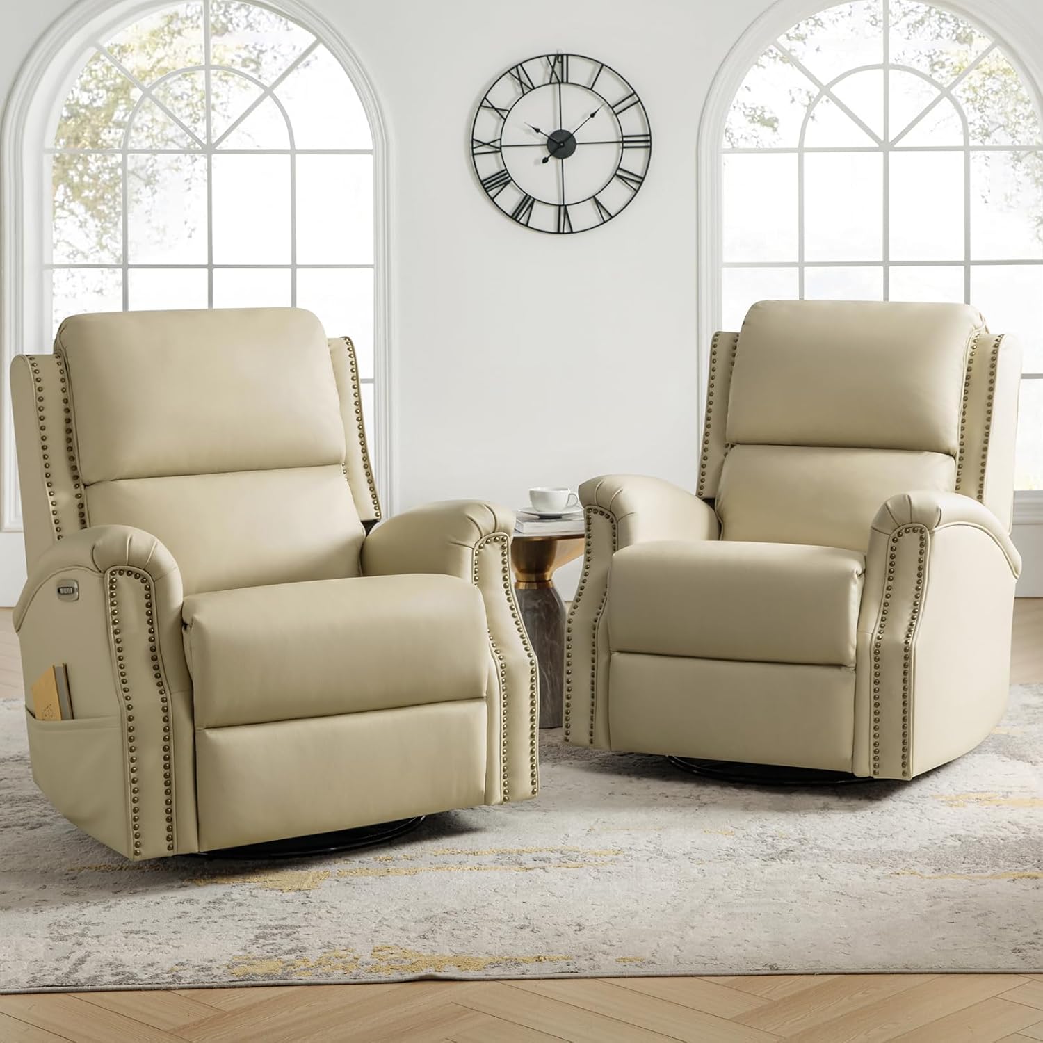 HULALA HOME Genuine Leather Recliner Set of 2 with One-Button Reset, Power Recliners with Electric Lumbar Support and Headrest, Swivel Rocker Recliners with USB Port and Storage Pocket, Beige