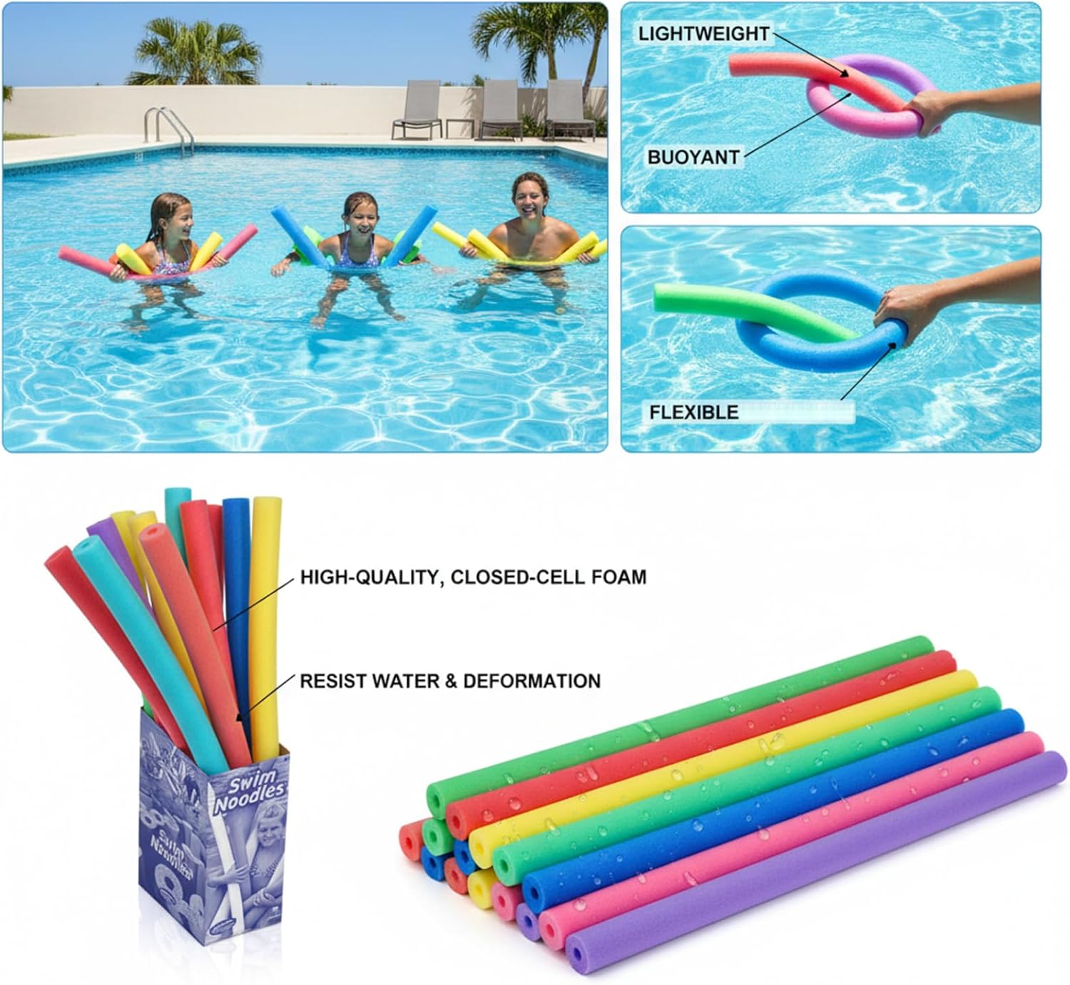 Pool Noodles, 6-Pack Colorful Swimming Noodles - 59 Inch Long Hollow Core Foam Floats for Pool, Lake, Water Fun, Exercise & DIY Crafts, Summer
