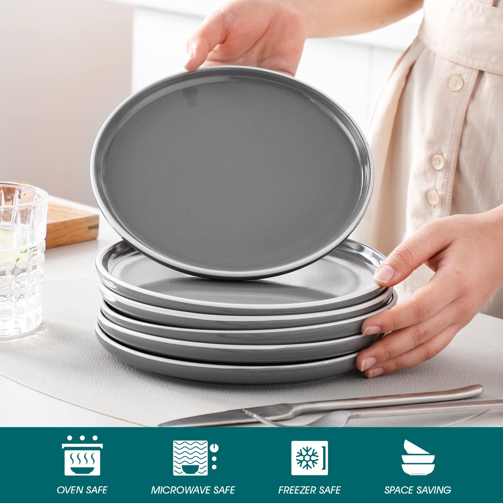 vancasso Sesam Salad Plates Set of 6, 8 Inch Dessert Plates, Ceramic Plates Microwave, Oven and Dishwasher Safe, Dark Gray