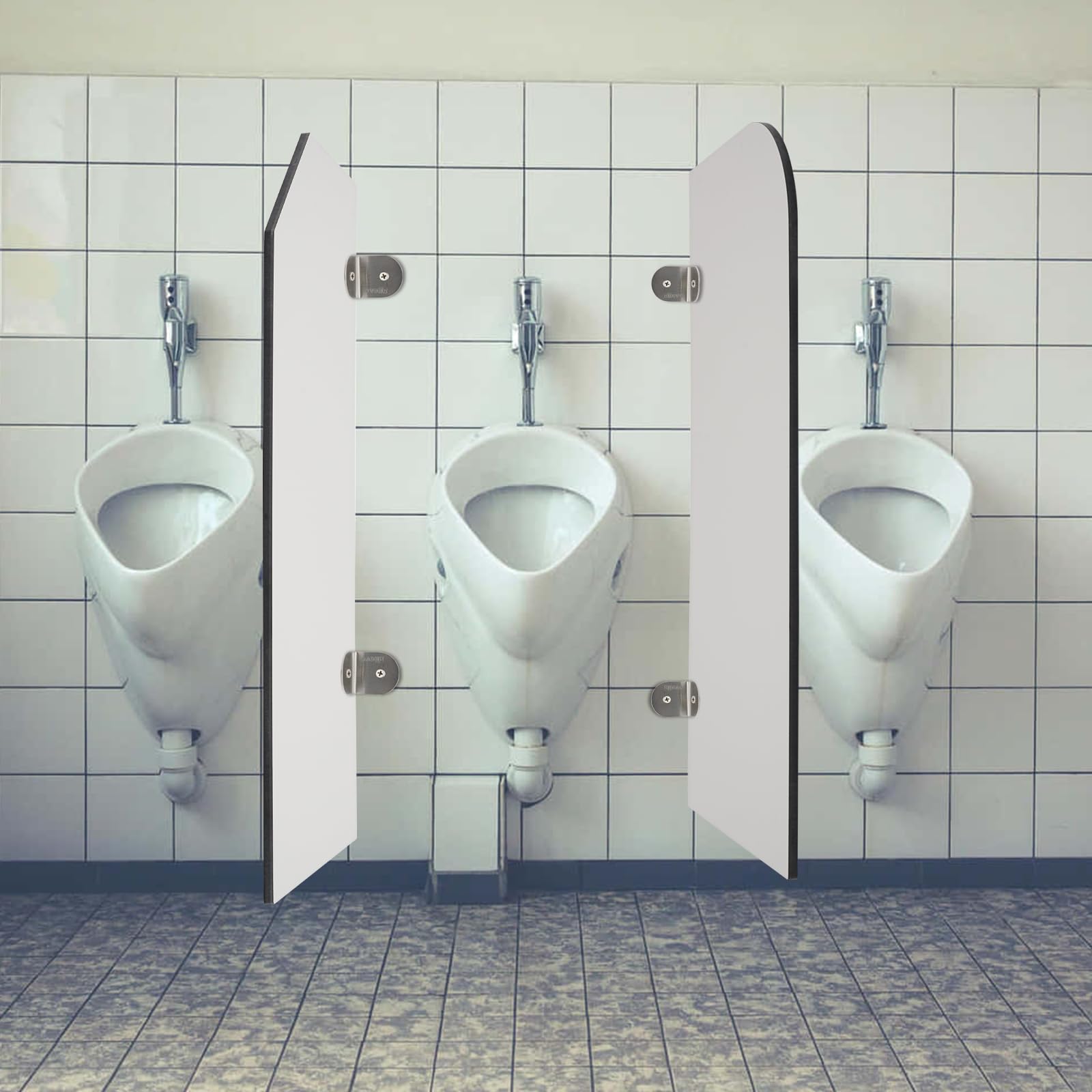 Pareti orinatoio 40 x 90 cm angolo rotondo, separazione WC con supporti in acciaio inox | 40 x 90 cm, angolo rotondo, laminato compatto, ignifugo, acciaio inox 304, pre-forato, per servizi igienici pubblici