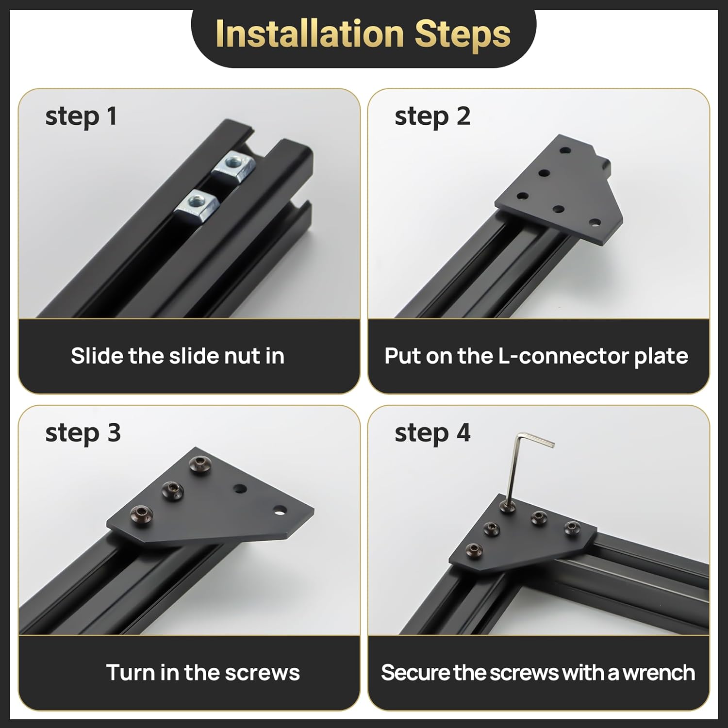 12 Set 2020 Corner Bracket Joint Plate L Shape 5 Hole Aluminum Extrusion Connector with 60Pcs T-Nuts, 60Pcs Screws and 1Pcs Wrench for 20 x 20mm Series Aluminum Extrusion Profile, Black