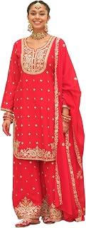 INDO ERA Women's Chinon Ethnic Motifs Embroidered Straight Kurta & Palazzo With Dupatta Set (IEOUT12457) Price In India