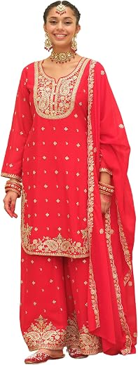 INDO ERA Women's Chinon Ethnic Motifs Embroidered Straight Kurta &amp; Palazzo With Dupatta Set (IEOUT12457)