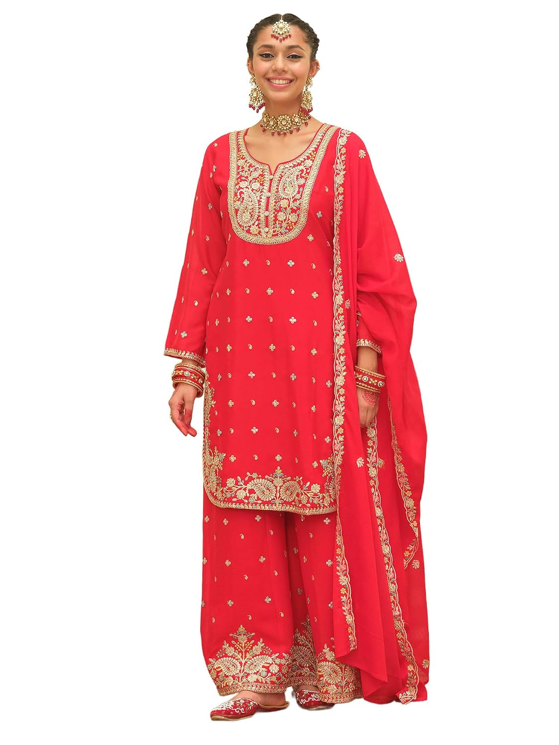 INDO ERA Women's Chinon Ethnic Motifs Embroidered Straight Kurta & Palazzo With Dupatta Set (IEOUT12457) - Review, Price and Buying Guide