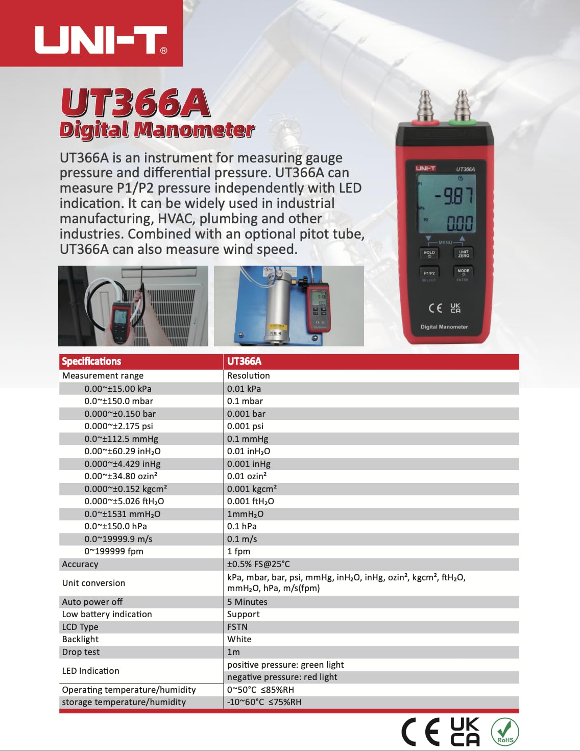 UNI-T Uni-Trend UT366A Digital Manometer Measure P1/P2 Pressure and Measure Wind Speed with Certificates: CE, UKCA