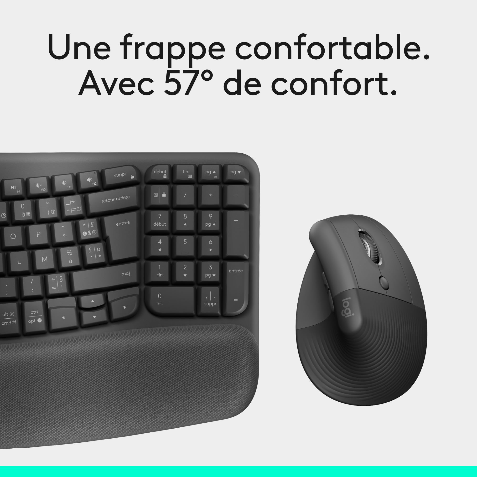 Logitech Wave Keys et Lift - Kit Ergonomique - Clavier sans Fil avec Repose-Poignets et Souris sans Fil Verticale, Easy-Switch, Bluetooth, Multi-systèmes d'exploitation, Windows/Mac - Graphite