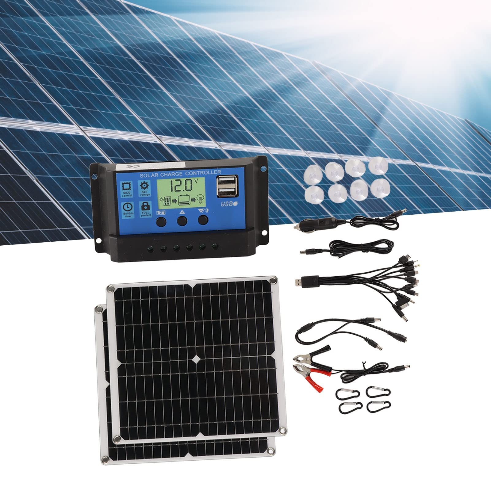 Kit pannello solare da 50 W, pannello solare portatile in silicio monocristallino impermeabile IP65 12 V 24 V con regolatore di carica da 60 A Doppia uscita USB per campeggio