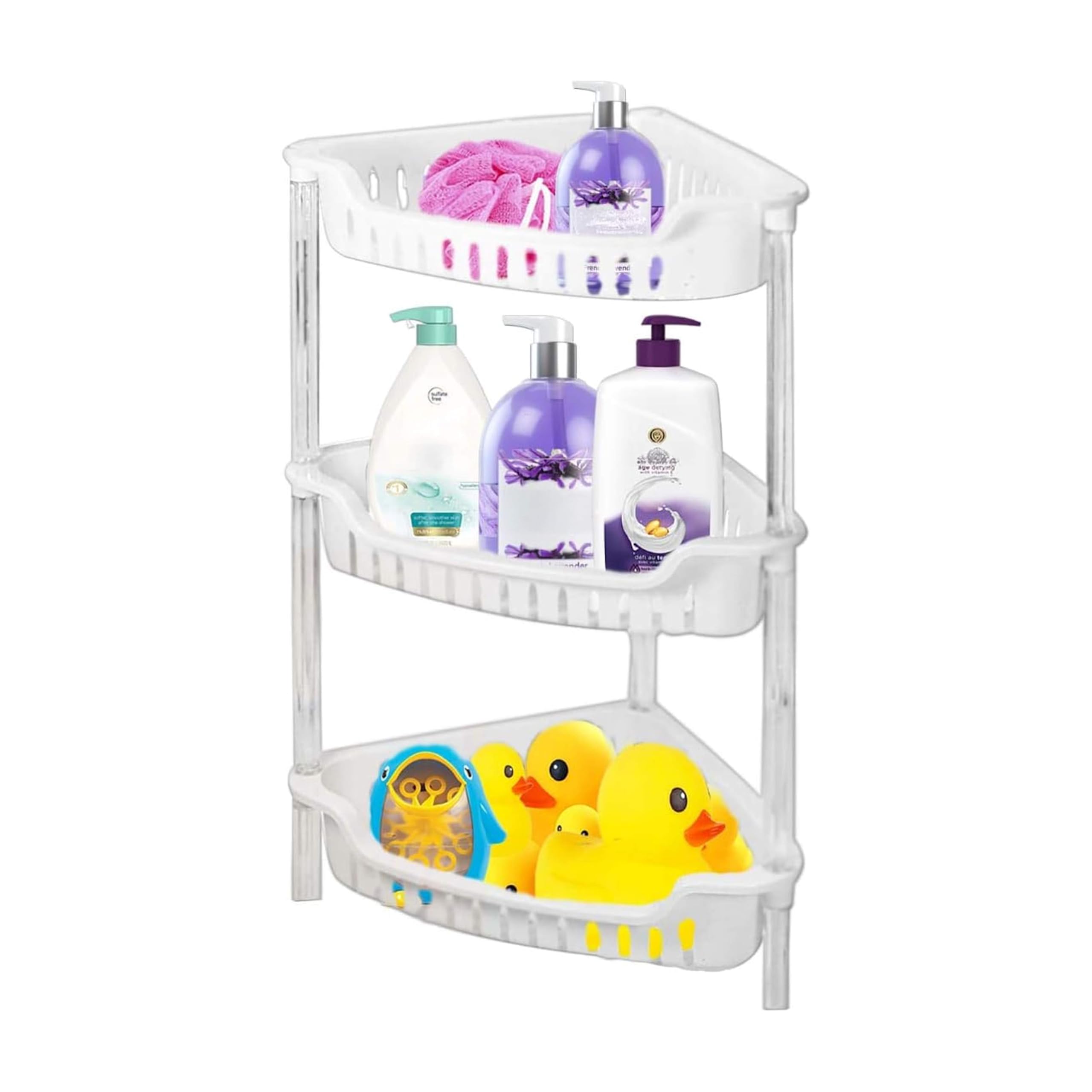 Strong White Plastic Shower Caddy Corner Shelf Bathroom Rack Kitchen Storage Unit - Quick to Build - Easy to Clean (3 TIER BATH RACK)
