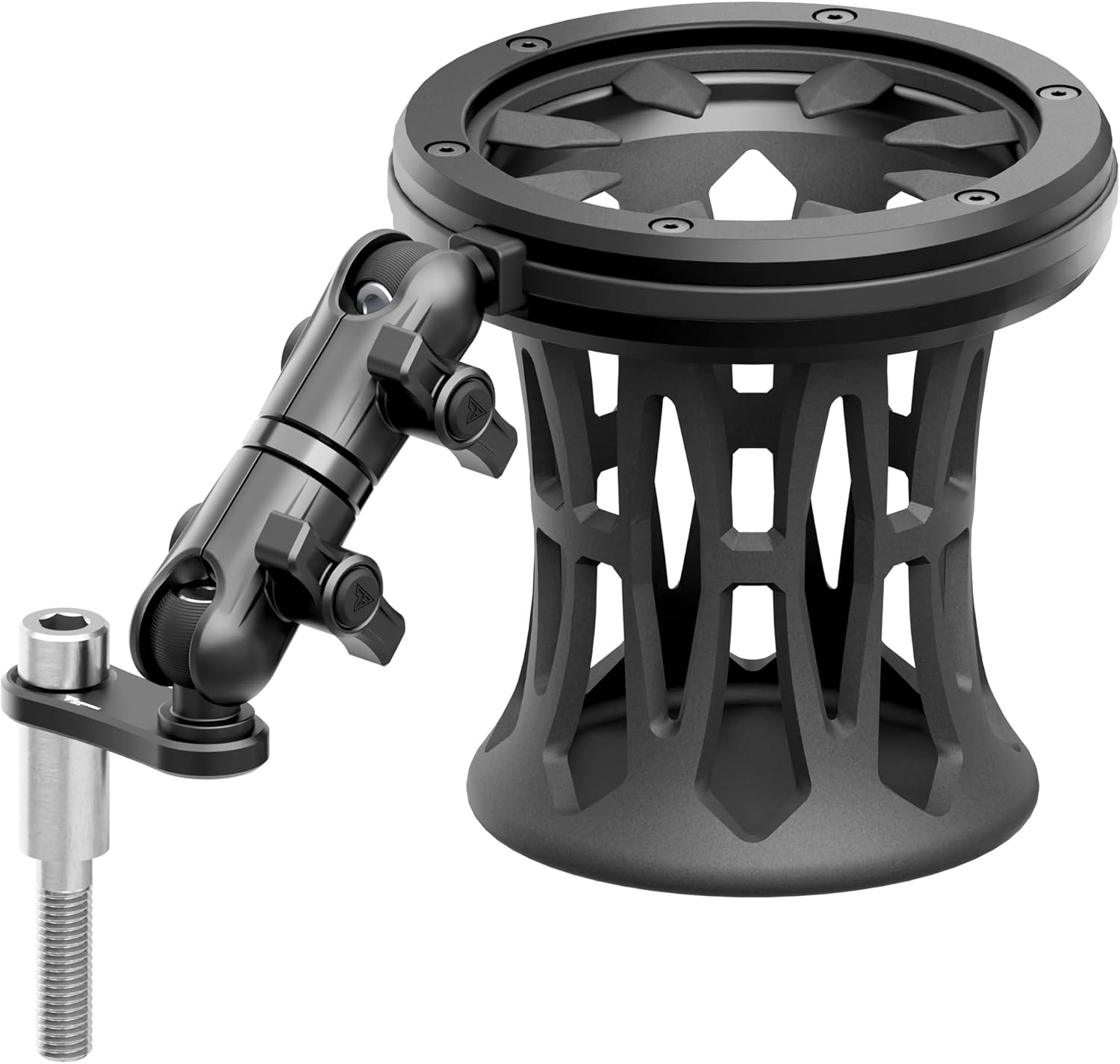 Tackform Drink Holder - Fits Bottles/Cans up to 3.25” in Diameter | Metal Enclosure with Rubber Net | Riser Mount - M10 Bolt | Compatible with CAN-AM Spyder F3, RS, ST, RT (Various Years) | 3.5" Arm